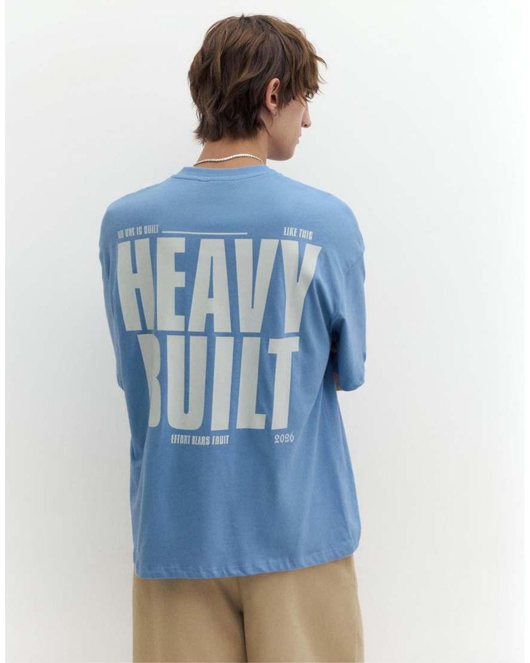 Pull&Bear Blue Stwd Boxy Text T-shirt for men