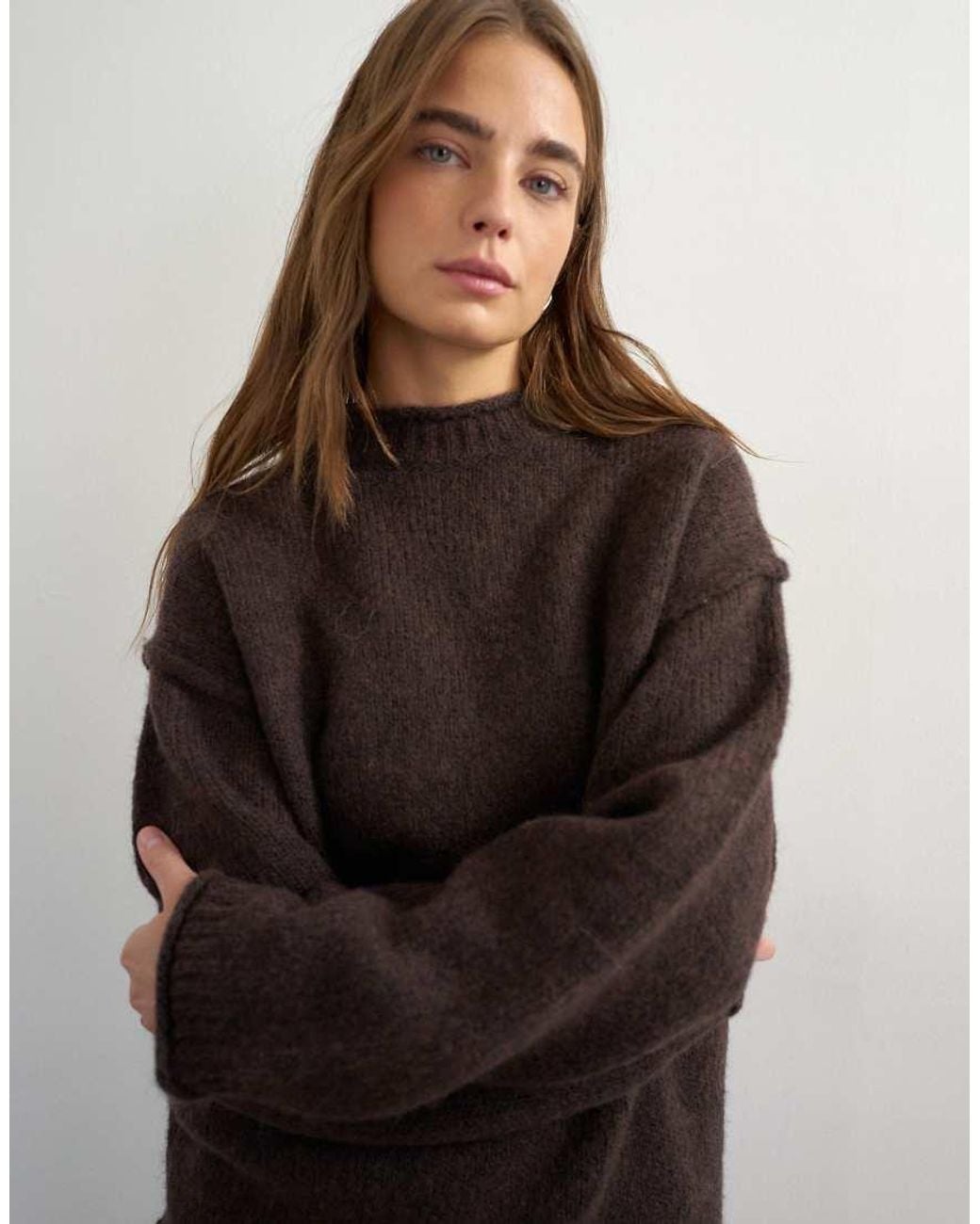 TOPSHOP Brown Knitted Wool Blend Roll Edge Chunky Jumper