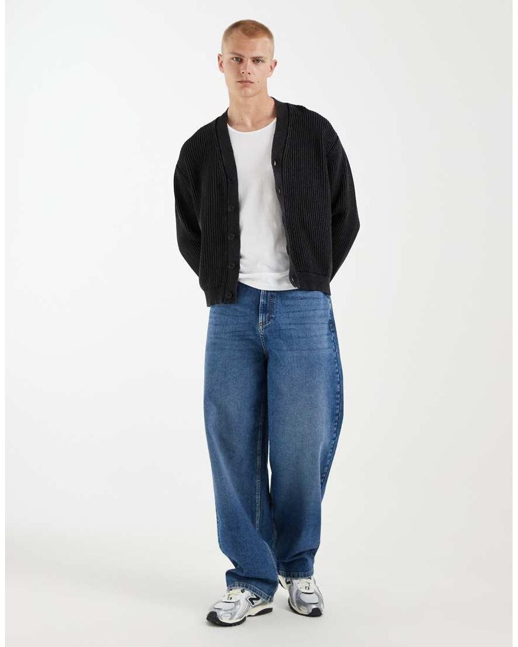 Redefined Rebel Blue Boxy Oversized Washed Knitted Cardigan for men
