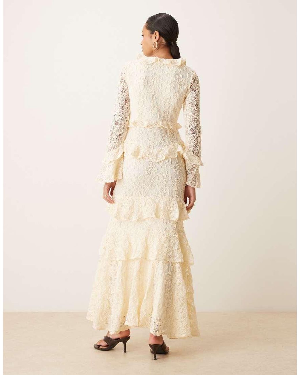True Decadence Natural Ruffle Lace Up Maxi Dress