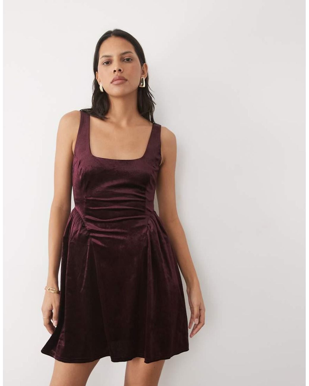 New Look Red Square Neck Velvet Skater Mini Dress