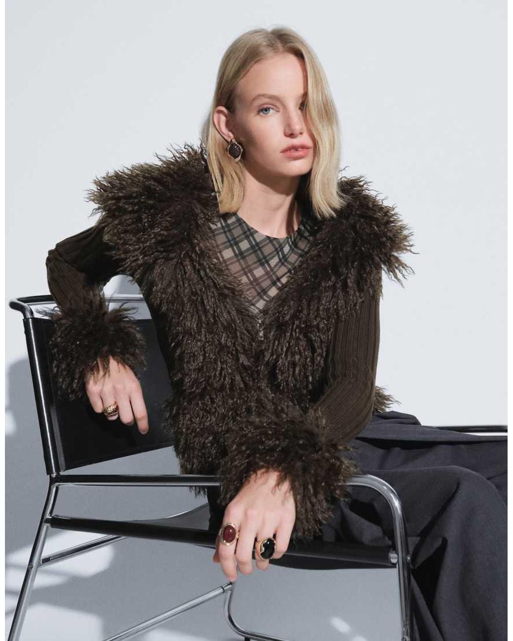 I.AM.GIA Black Cressida Compact Knit shaggy Faux Fur Trim Zip Through Cardigan