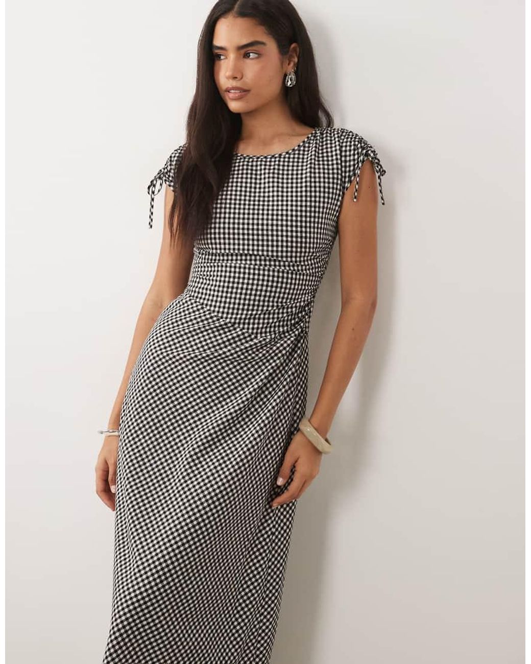 Threadbare Gray Sleeveless Woven Gingham Dress With Ruched Detail