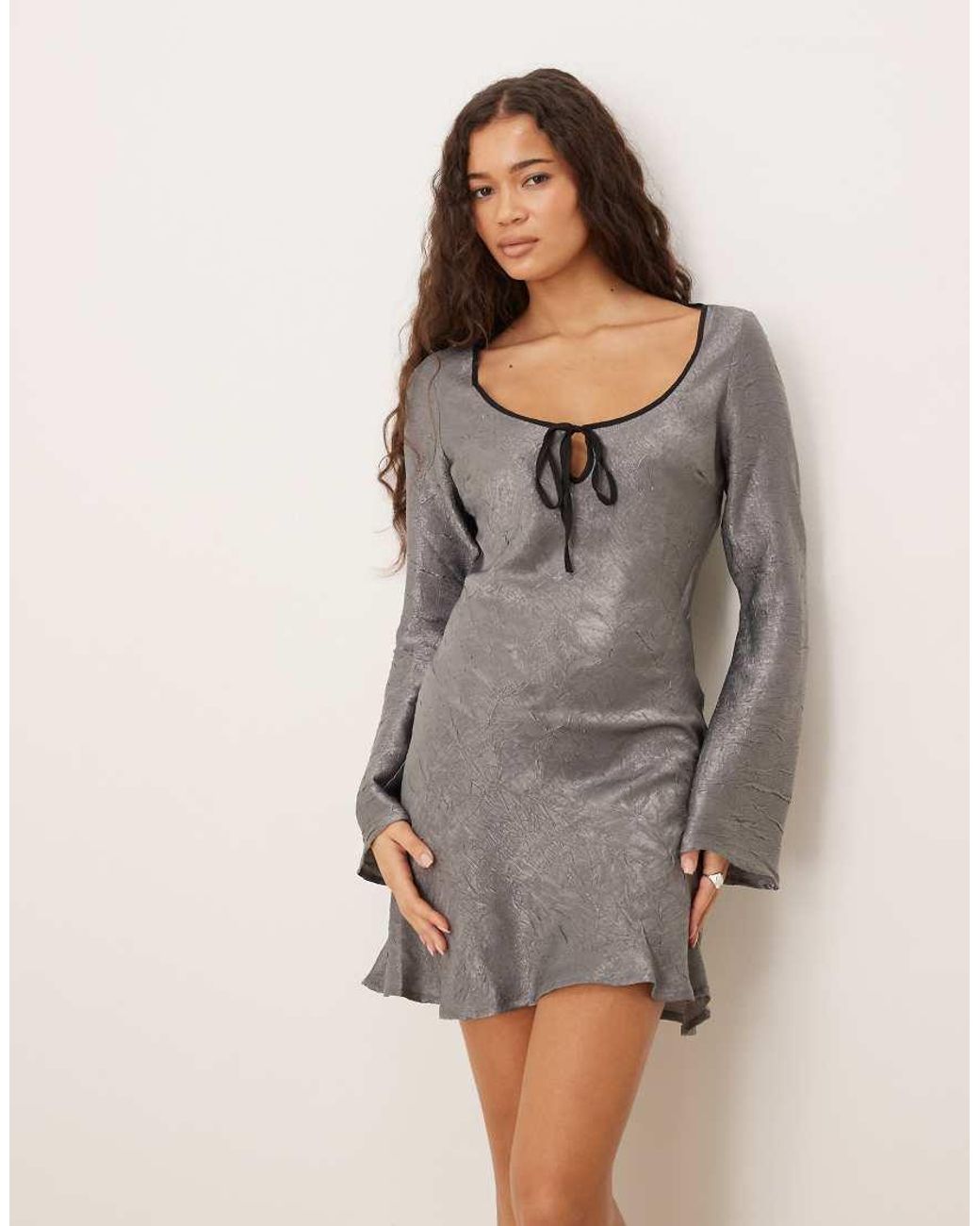ASOS Gray Satin Long Sleeve Scoop Neck Swing Dress