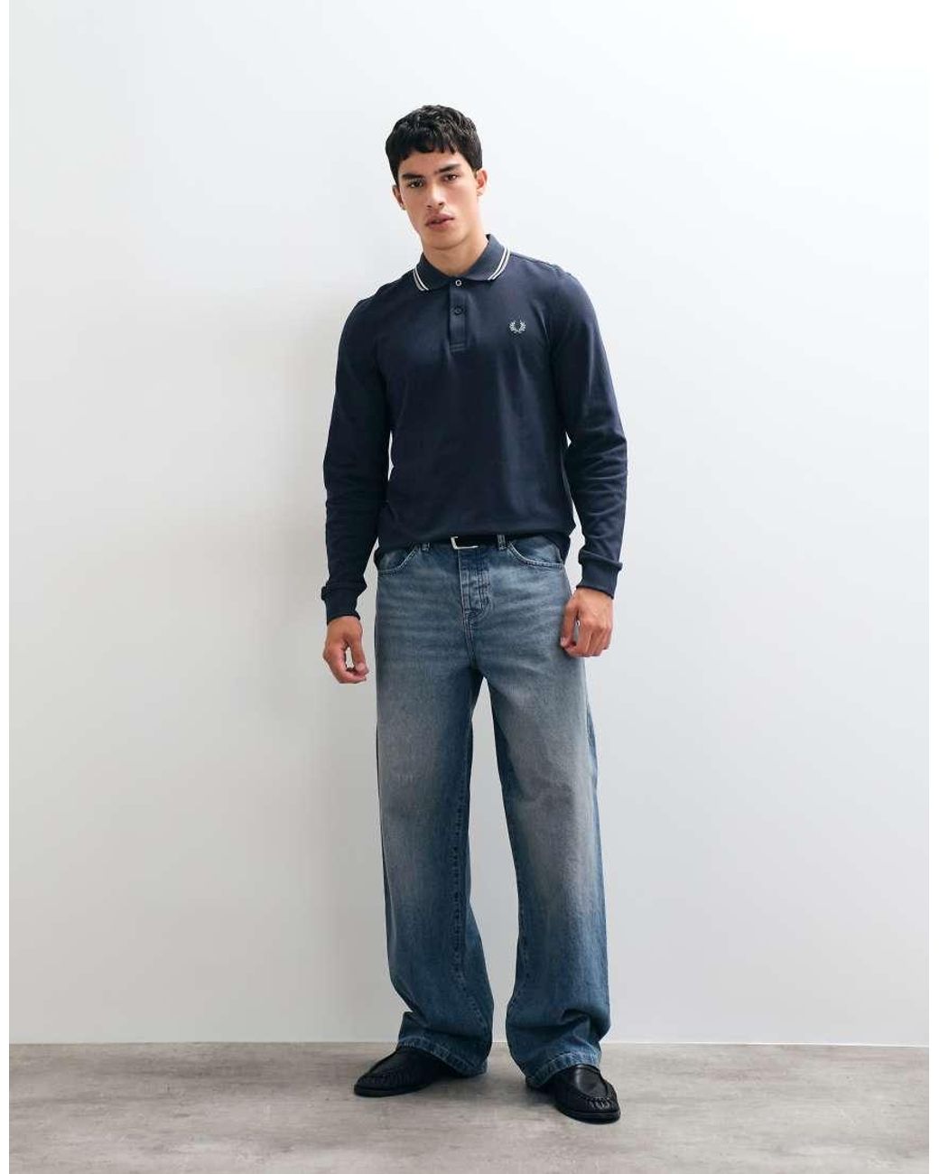Fred Perry Blue Long Sleeve Twin Tipped Polo Shirt for men