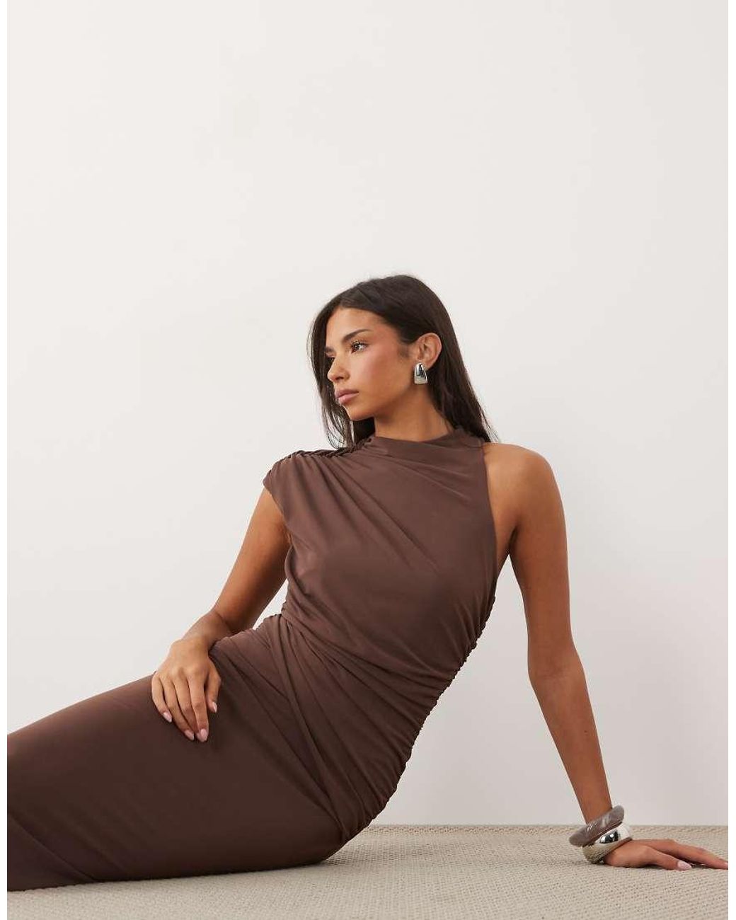 ASOS Brown High Neck Asymmetric Ruched Midi Dress