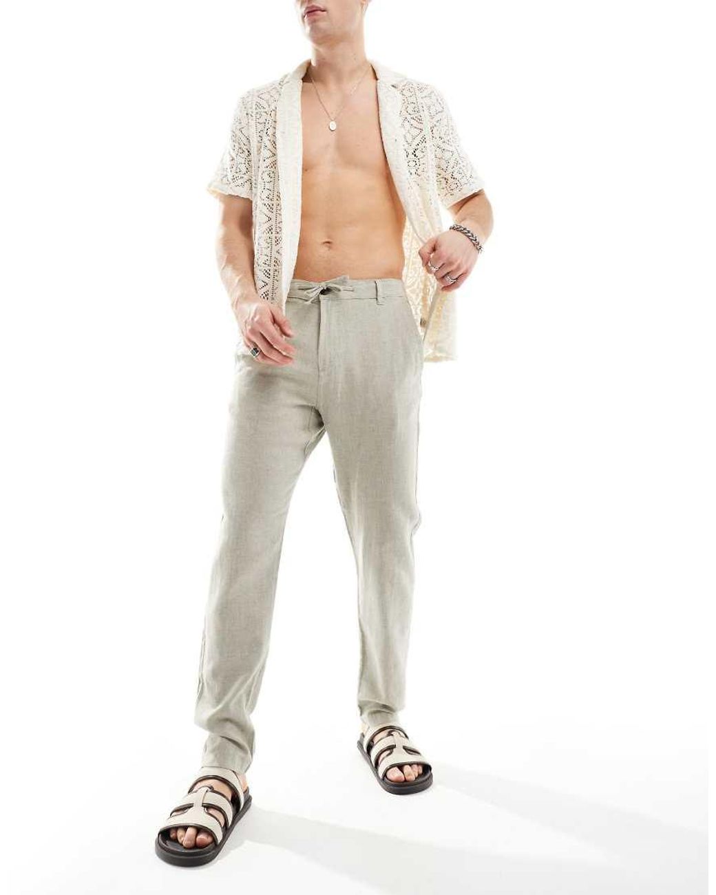 SELECTED White Slim Tapered Linen Trousers for men