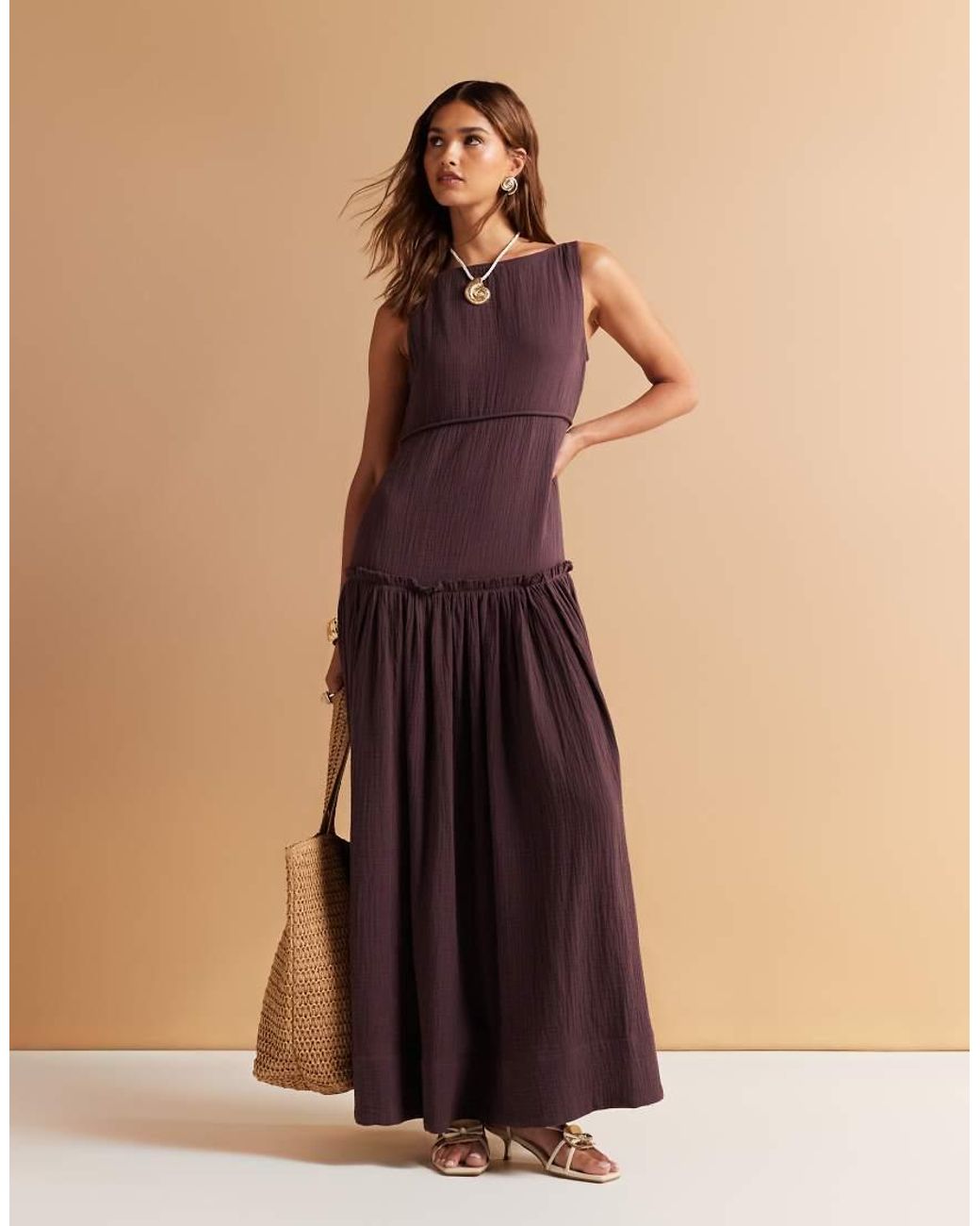 ASOS Natural Laundered Slash Neck Maxi Dress With Seaming Detail