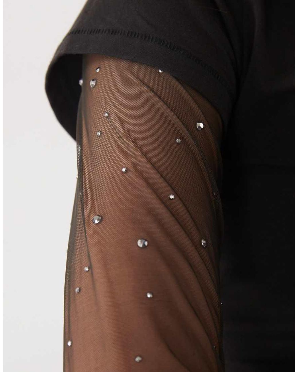 Monki Black Sheer Rhinestone Sleeve Top