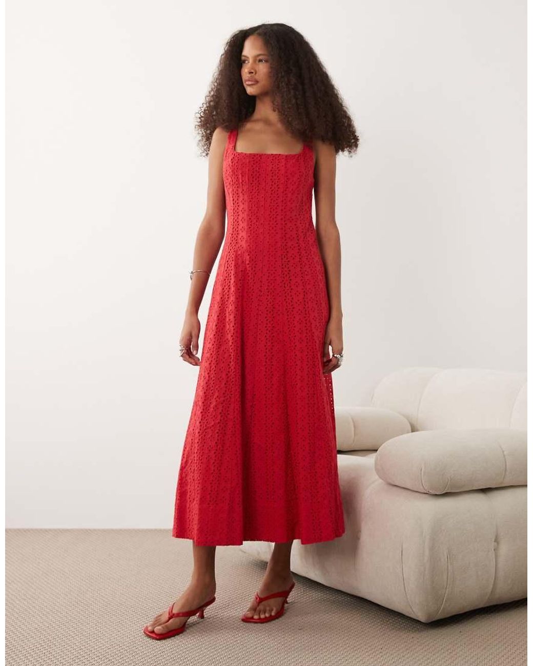 Mango Red 100% Cotton Square Neck Sleeveless Embroide Midi Dress