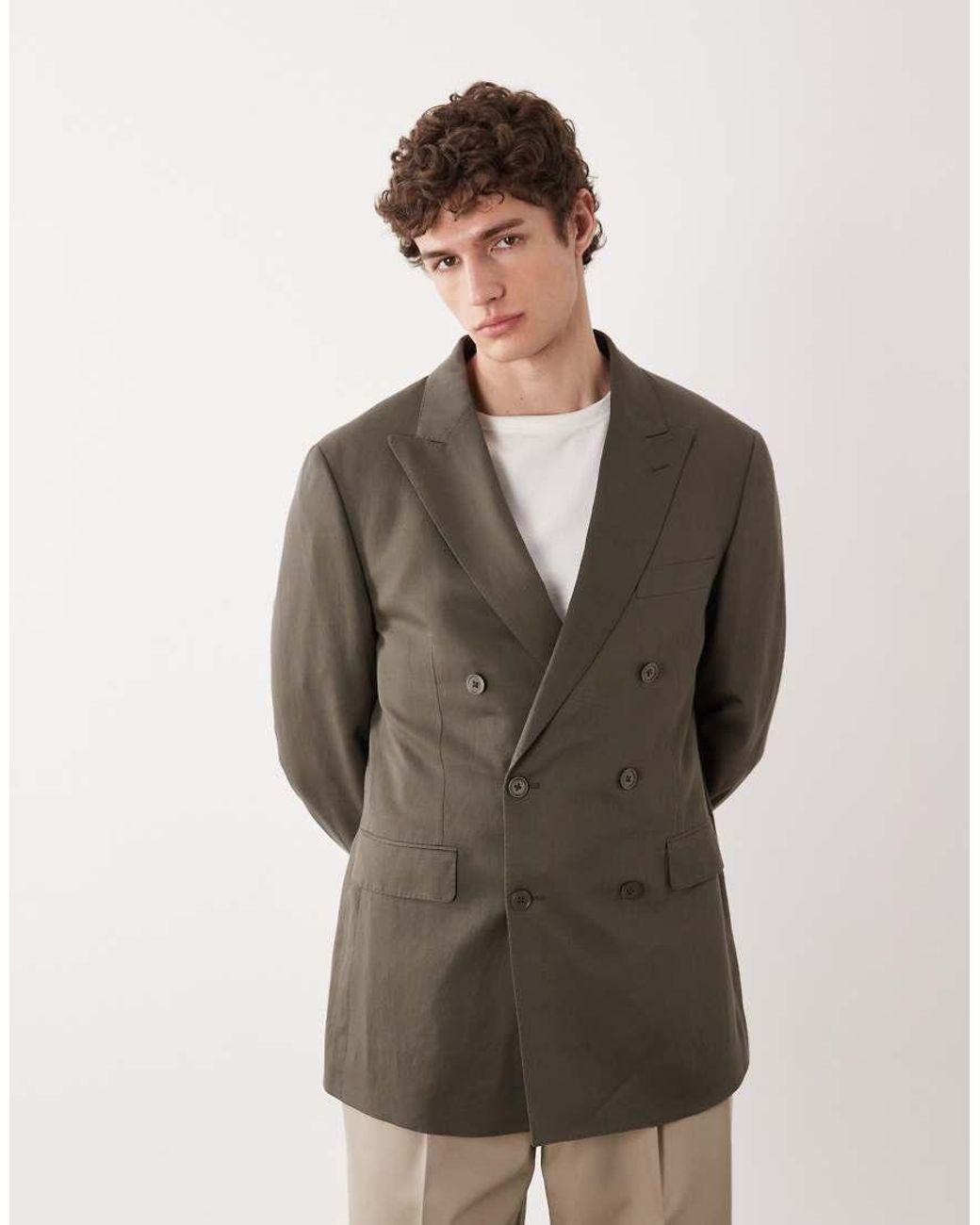 Mango Green Amalfic Linen Blend Double Breasted Tailored Blazer for men