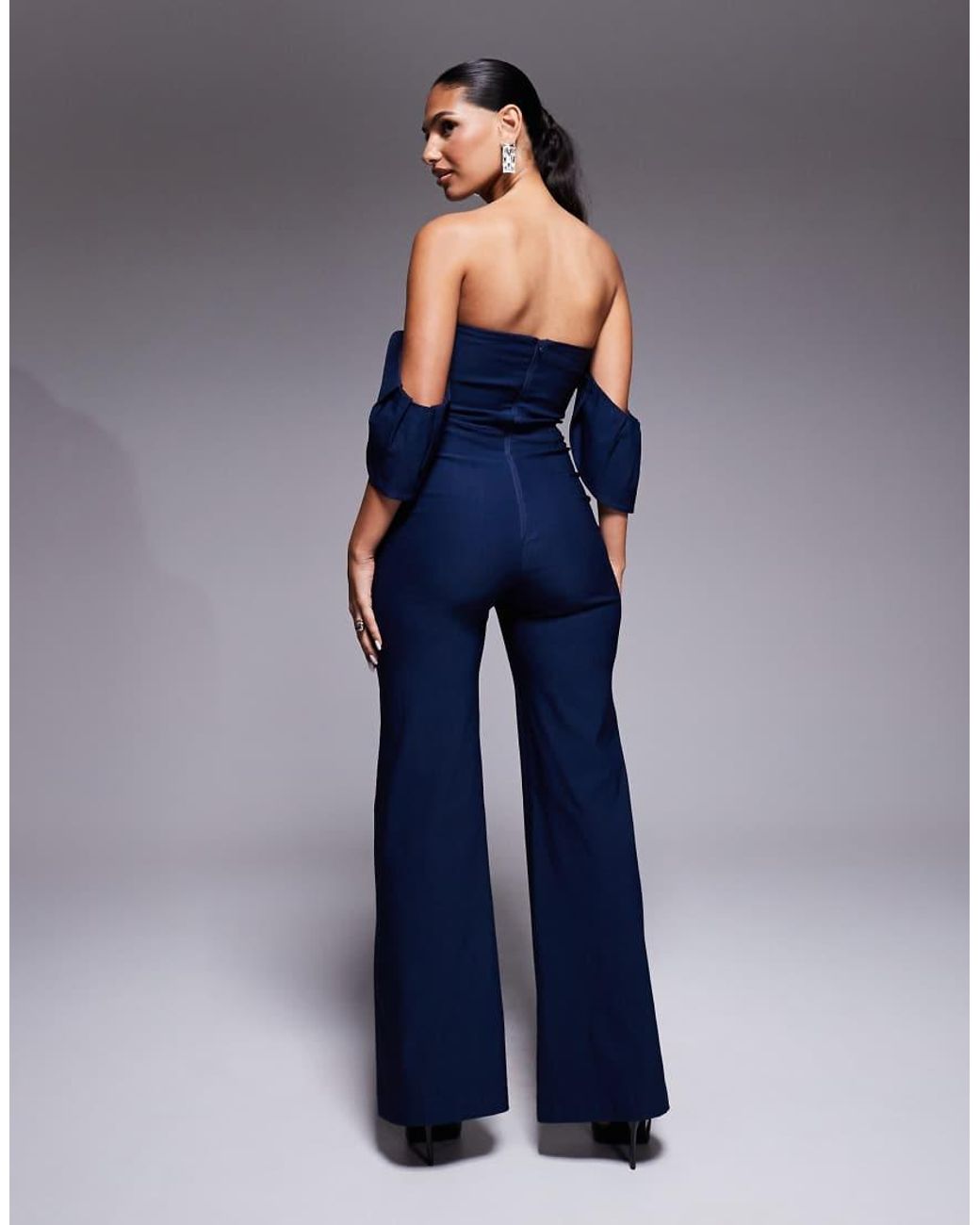 Vesper Blue Square Neck Ruffle Sleeve Wide Leg Jumpsuit