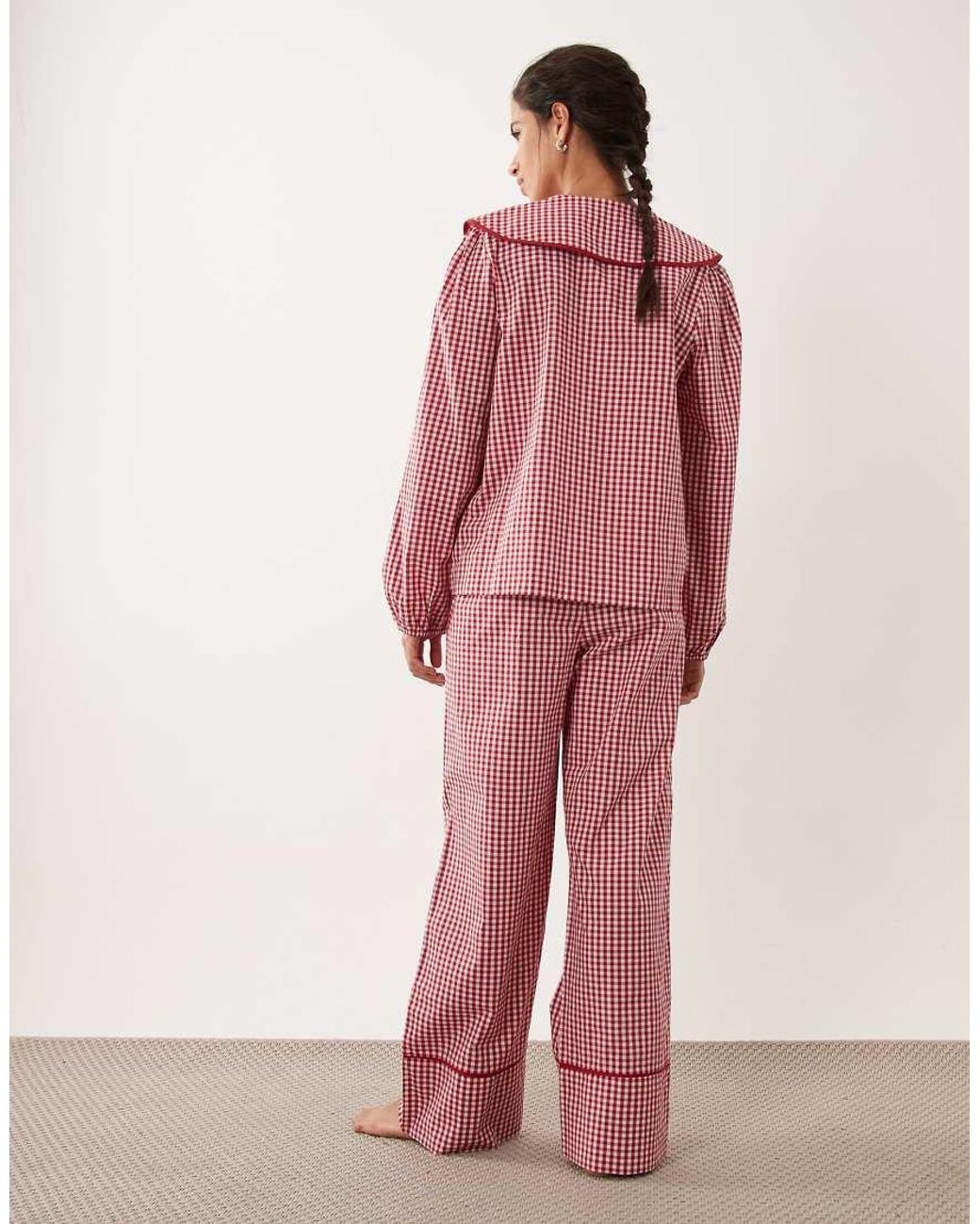 Threadbare Pink Poplin Check Button Down Pyjama Set With Frill Detail