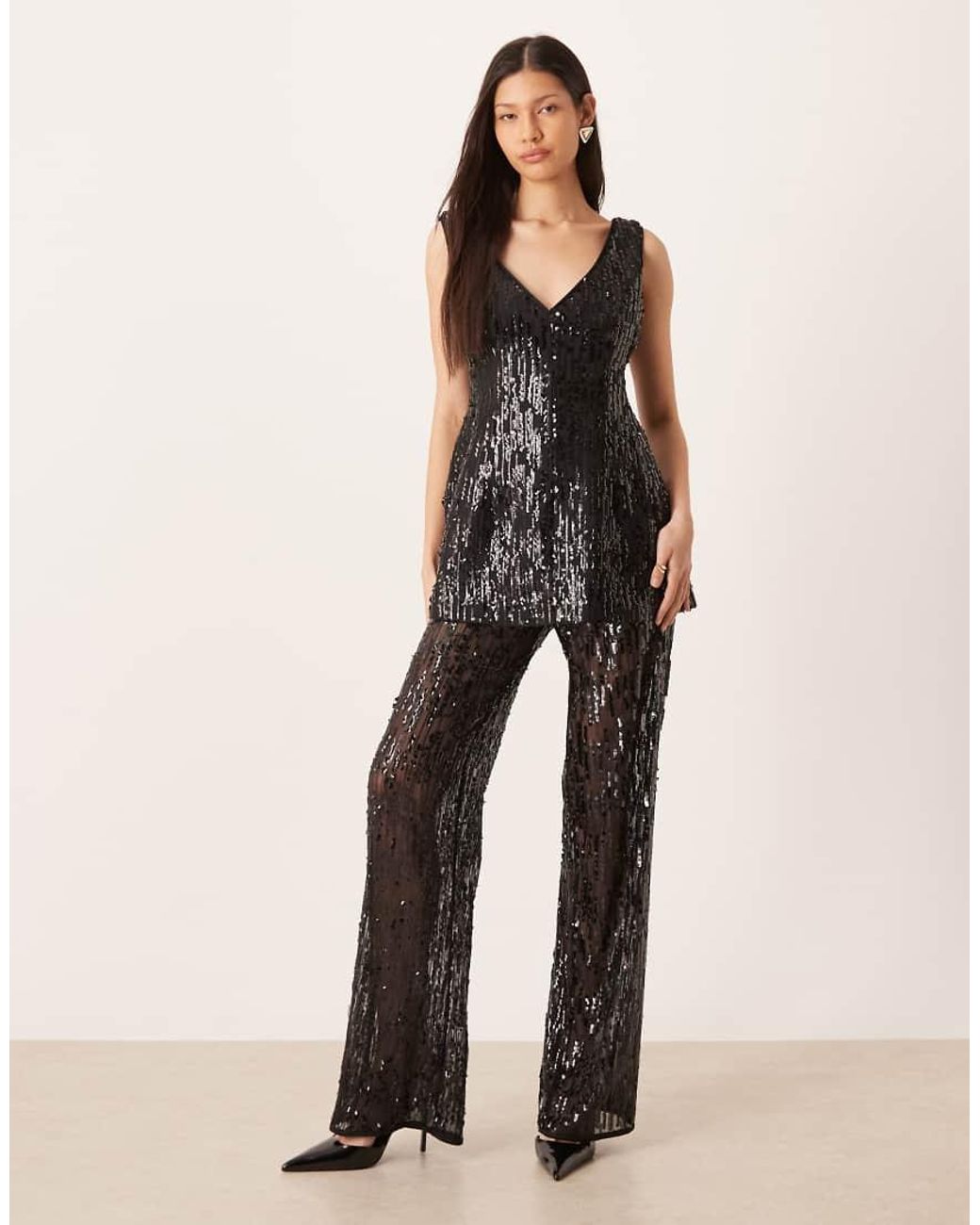 ASOS Black Tailored V Neck Sequin Cinched Waist Peplum Top Co-ord