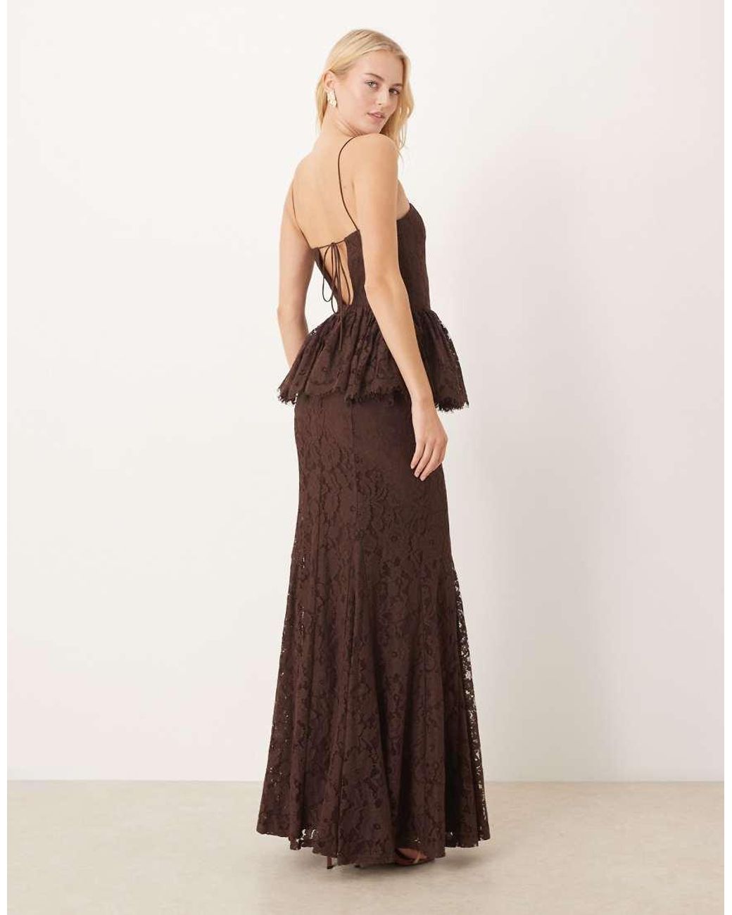 ASOS Brown Asos Design Tall Structured Lace Maxi Dress With Volume Godet Bodice