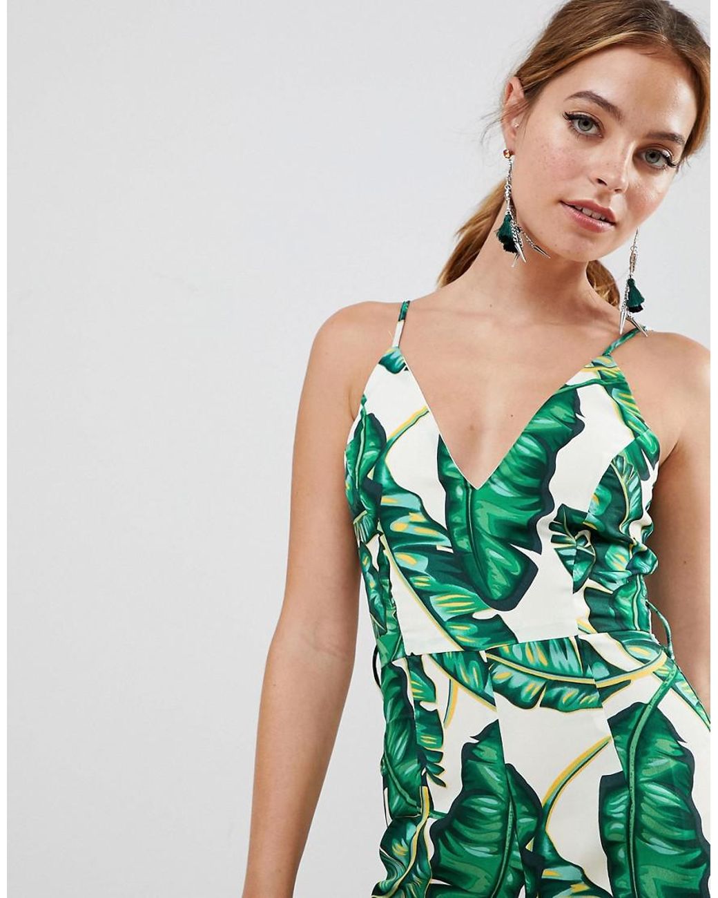 Missguided Exclusive Petite Palm Print Wide Leg Jumpsuit in Green | Lyst
