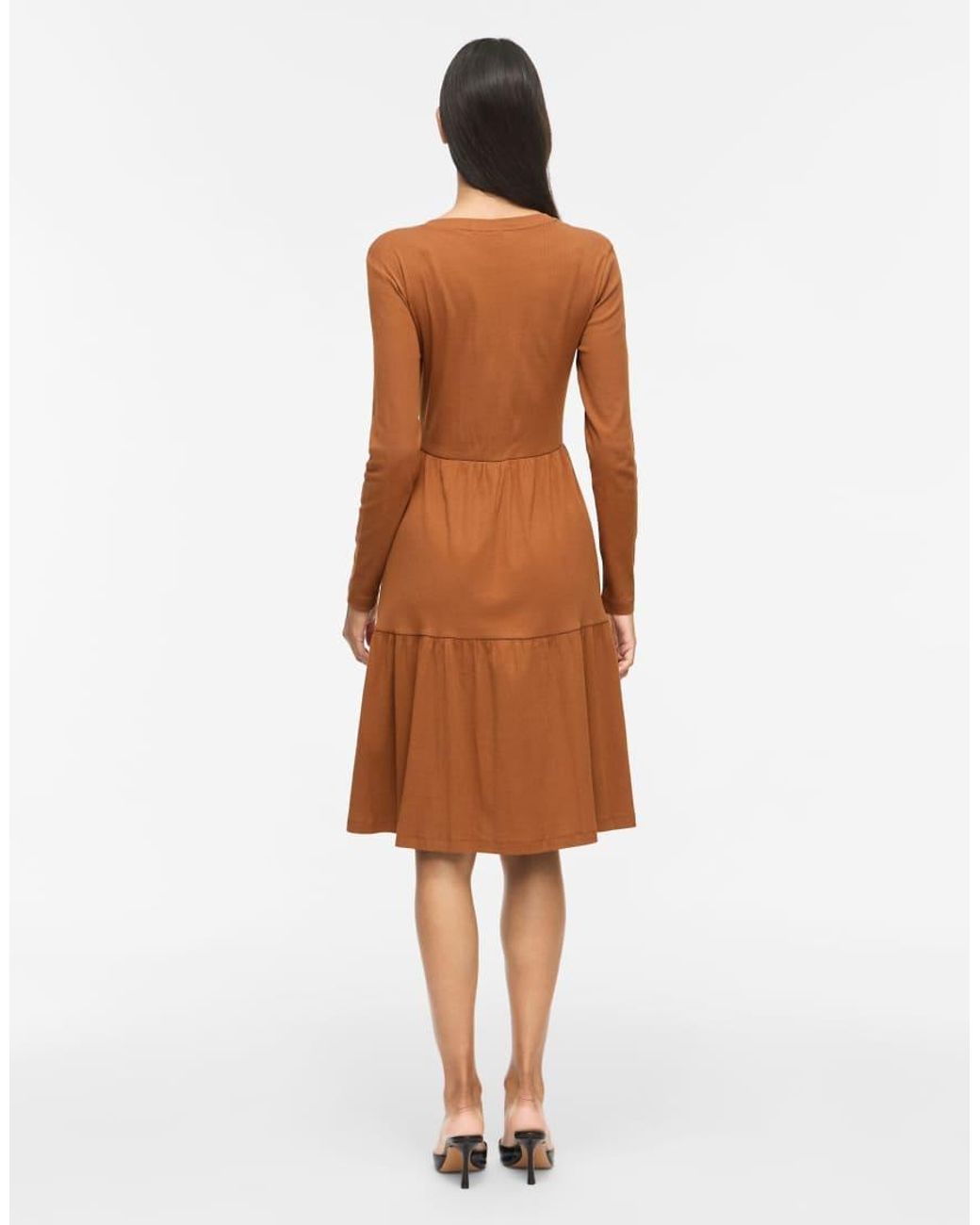 Vila Brown Sleeved Vihollie Ribbed Crew Neck Long Sleeve Medium Midi Dress