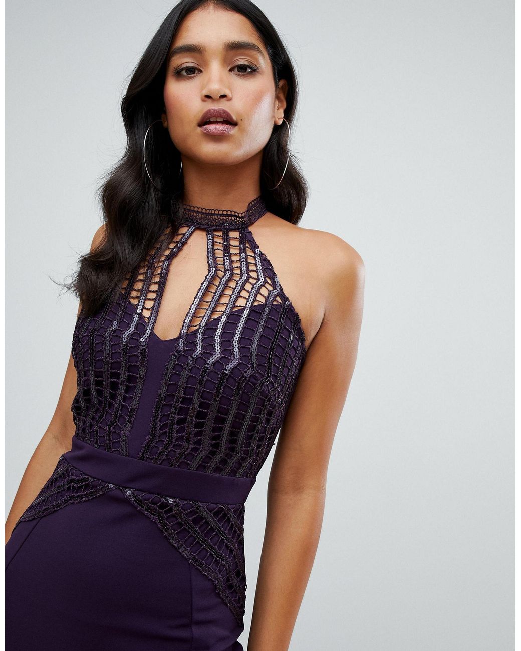 Lipsy Scallop Front Sequin Maxi Dress With Asymmetric Hem in Purple Lyst UK