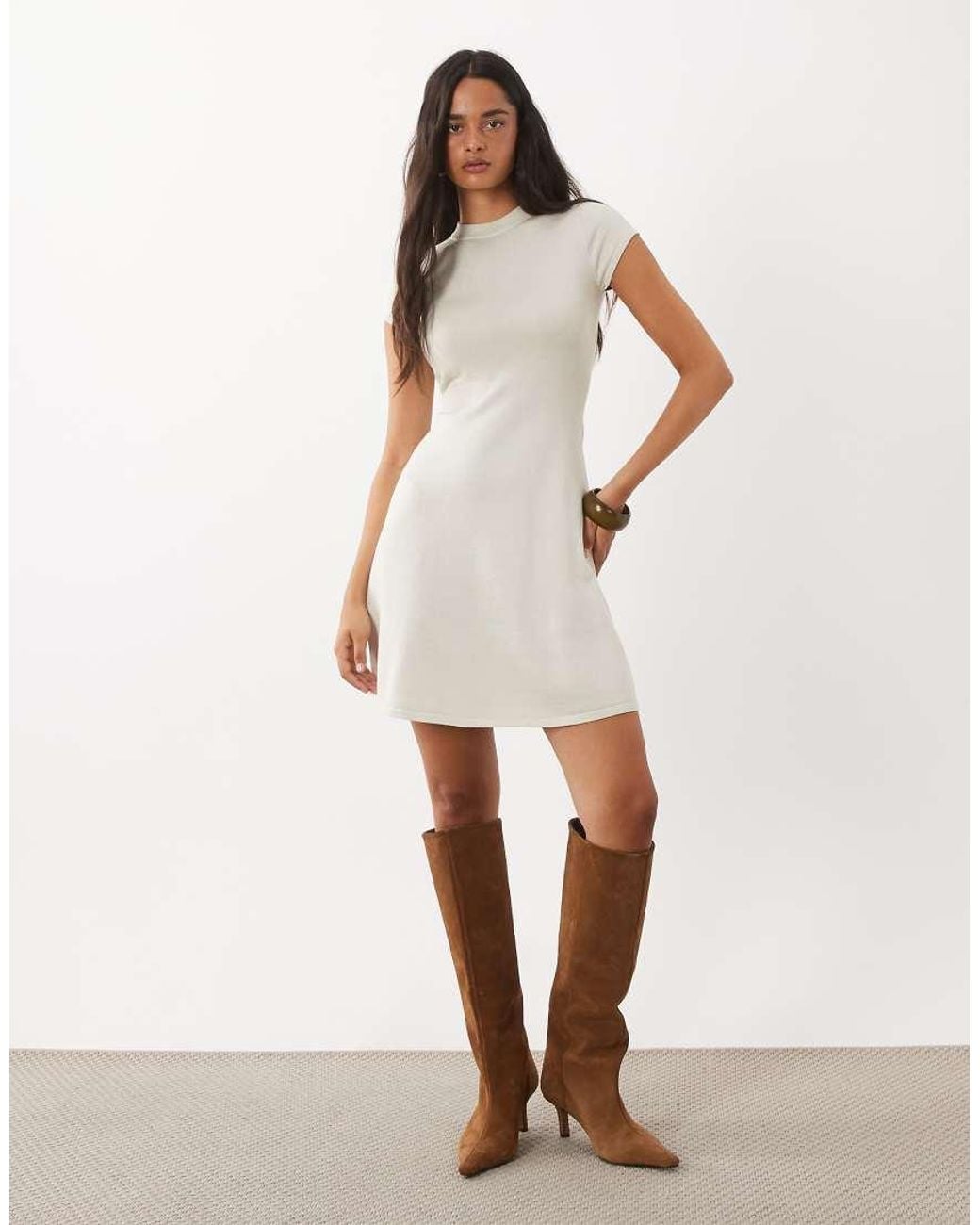 Kaiia White Exclusive Knitted Cap Sleeve Mini Skater Dress