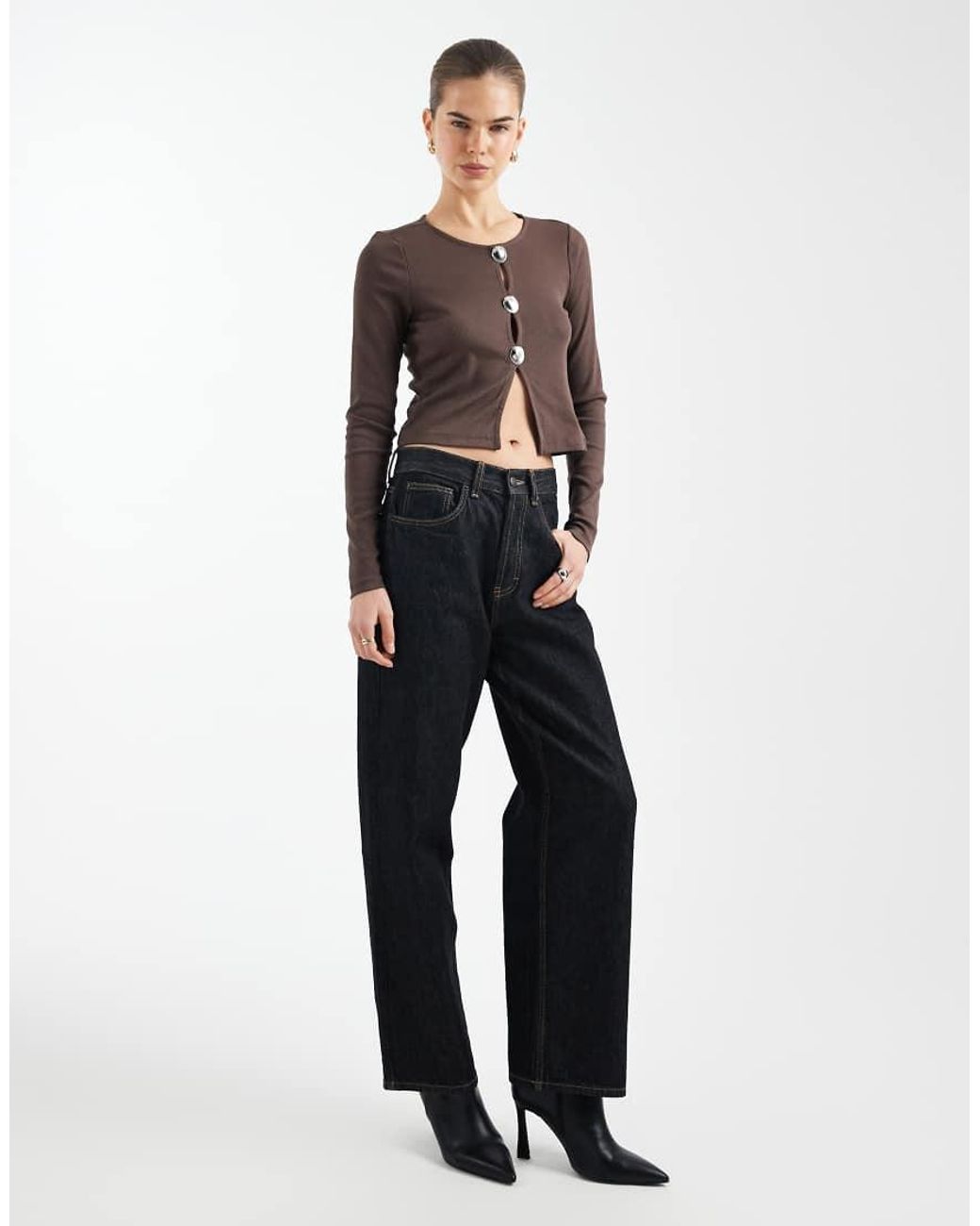 ONLY Brown Long Sleeve Rib Top With Silver Button Detail