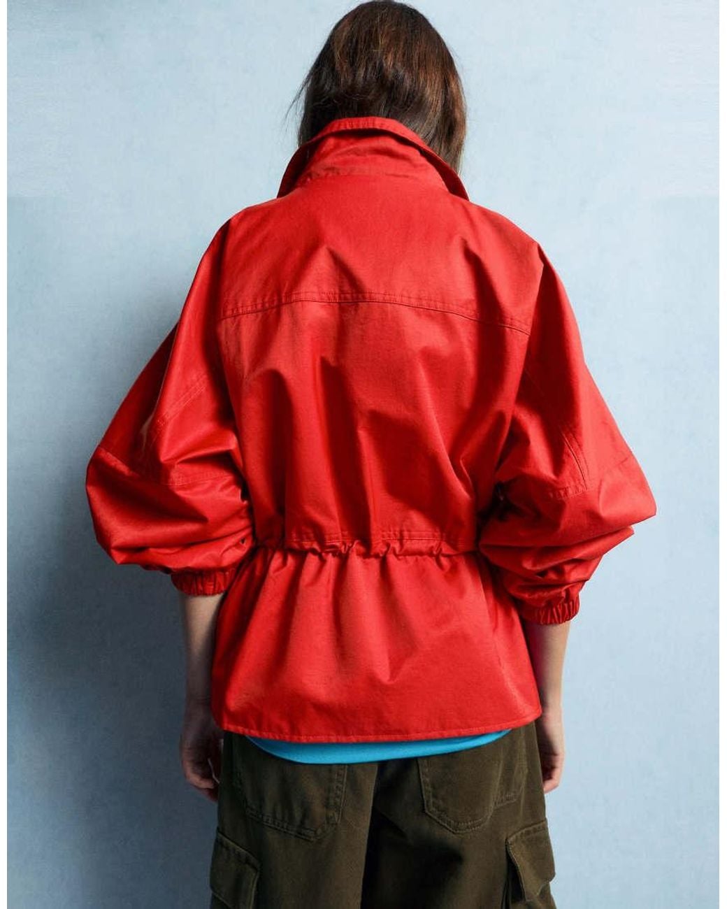 Pull&Bear Red Drawstring Funnel Neck Waist Jacket