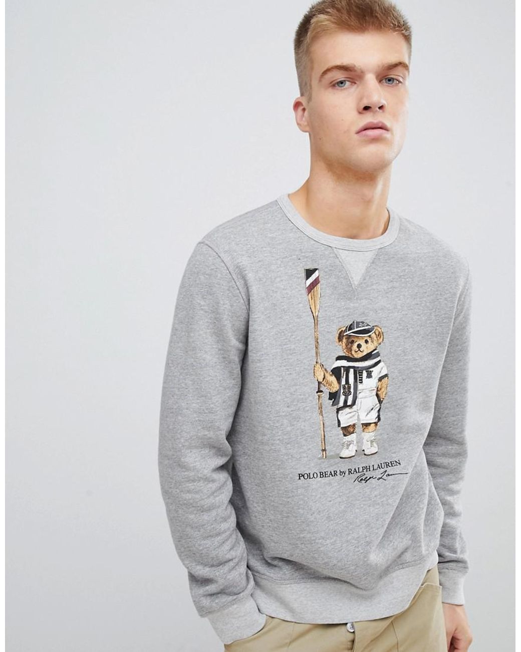 Polo Ralph Lauren Rowing Bear Print Crew Neck Sweatshirt In Grey Marl in  Grey for Men | Lyst Australia