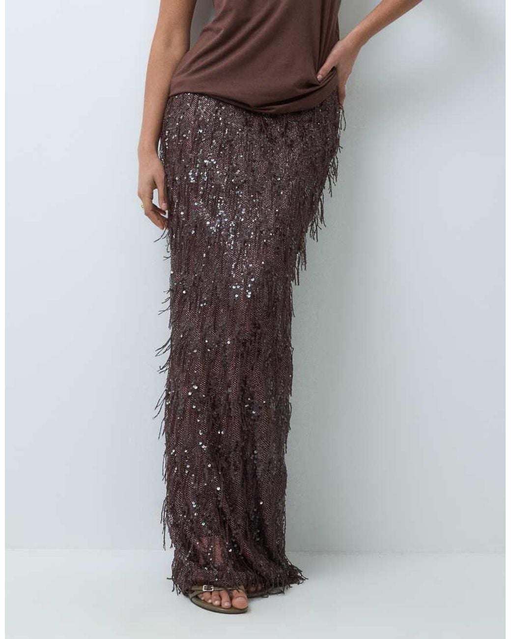 ASOS Brown Fringed Sequin High Waist Maxi Skirt
