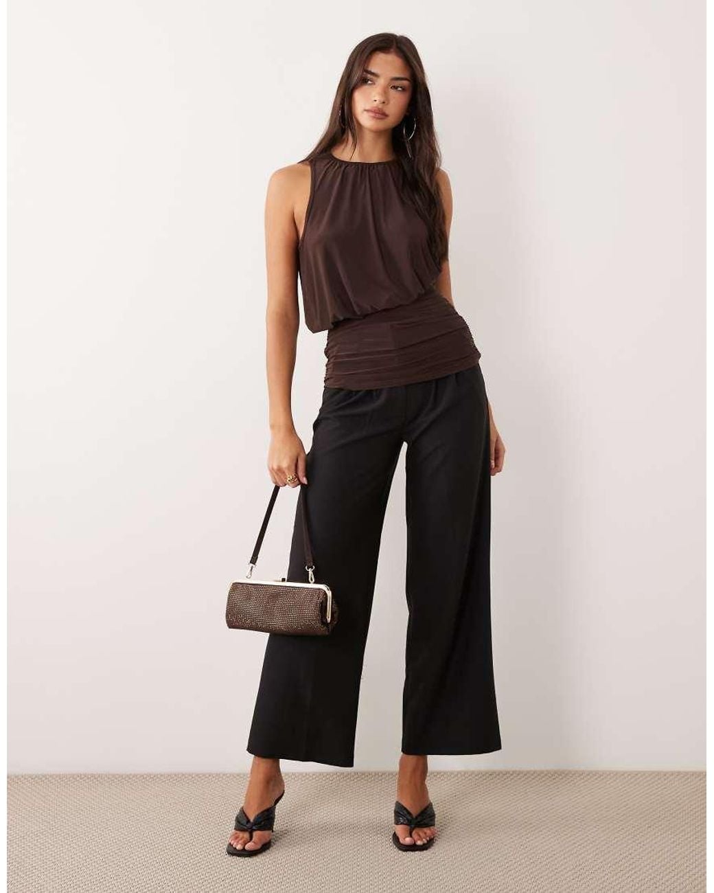 ASOS Black Draped Puff High Neck Top With Cinched Waist