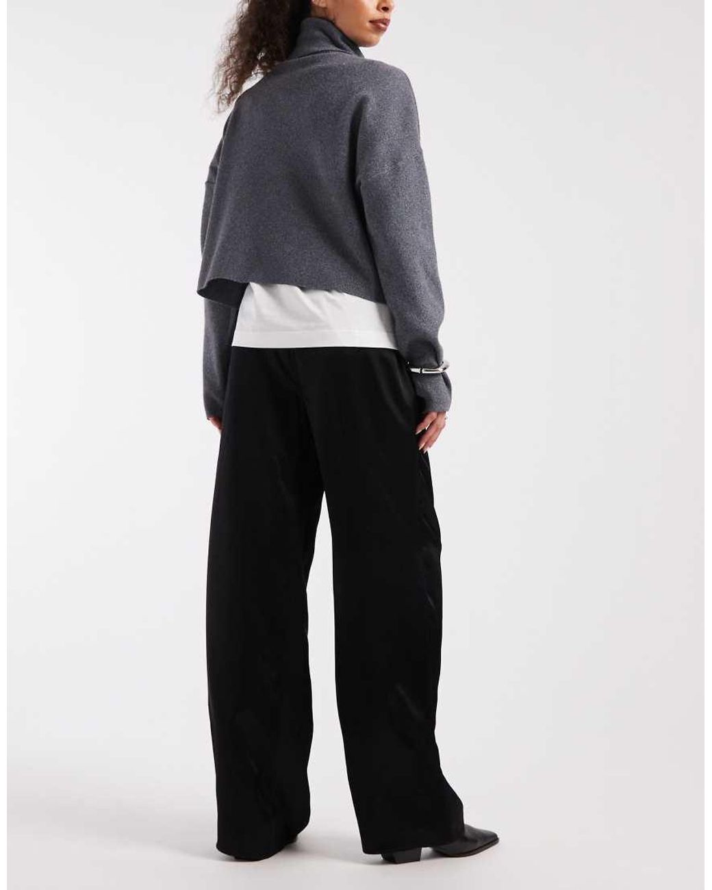 ASOS Gray Satin Wide Leg Pull On Trouser