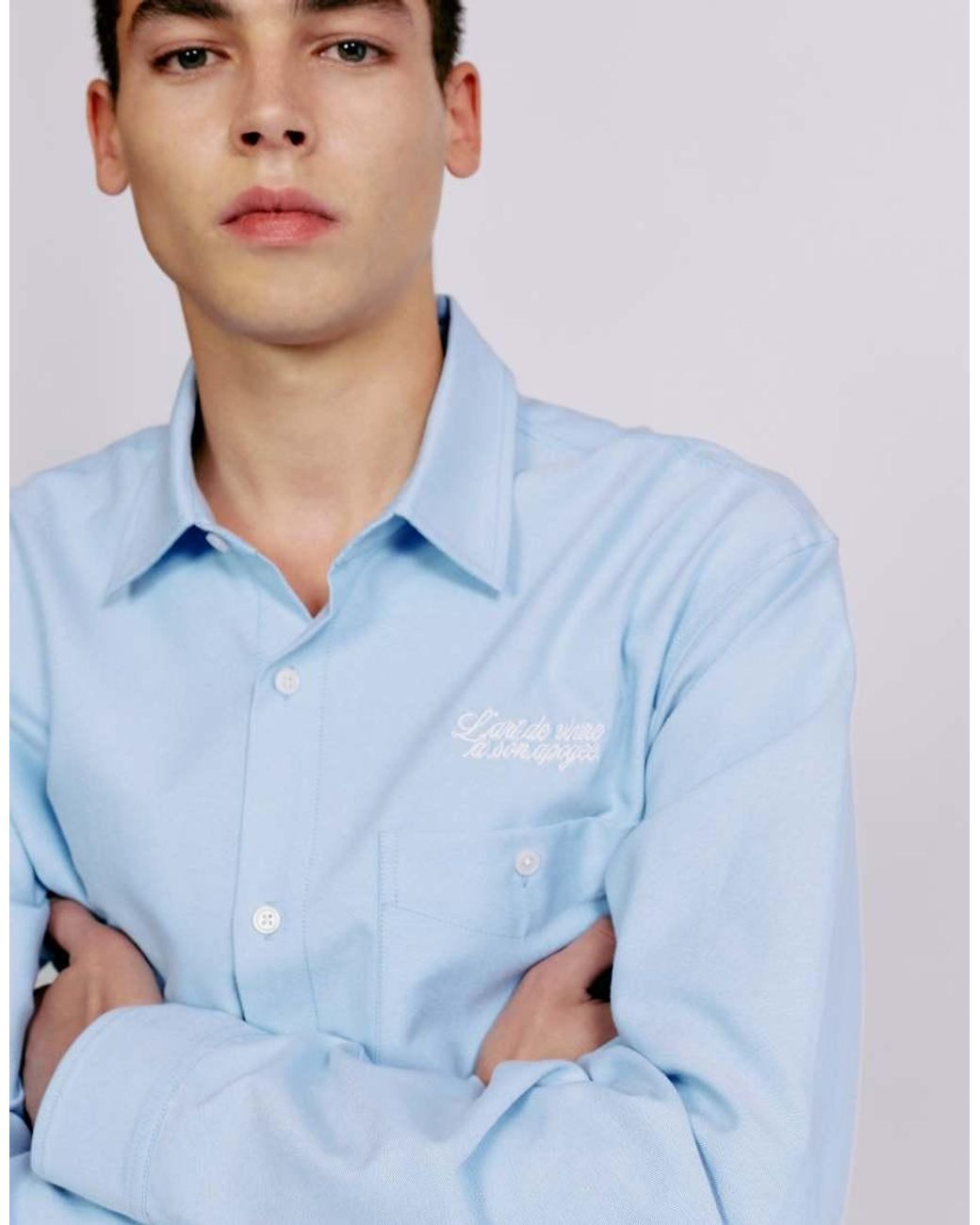 Pull&Bear Blue Embroidered Long Sleeve Shirt for men