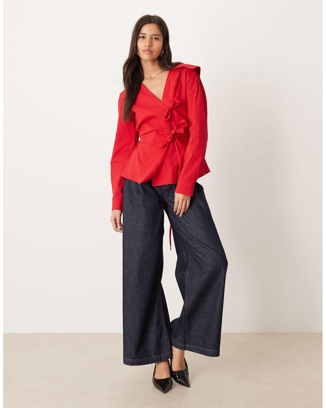 Ghospell Red Cotton Double Bow Detail Tie Waist Wrap Top