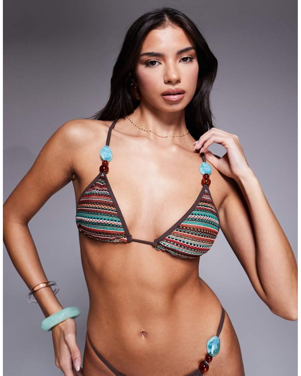 ASOS Brown River Crochet Stripe Triangle Bikini Top With Trim