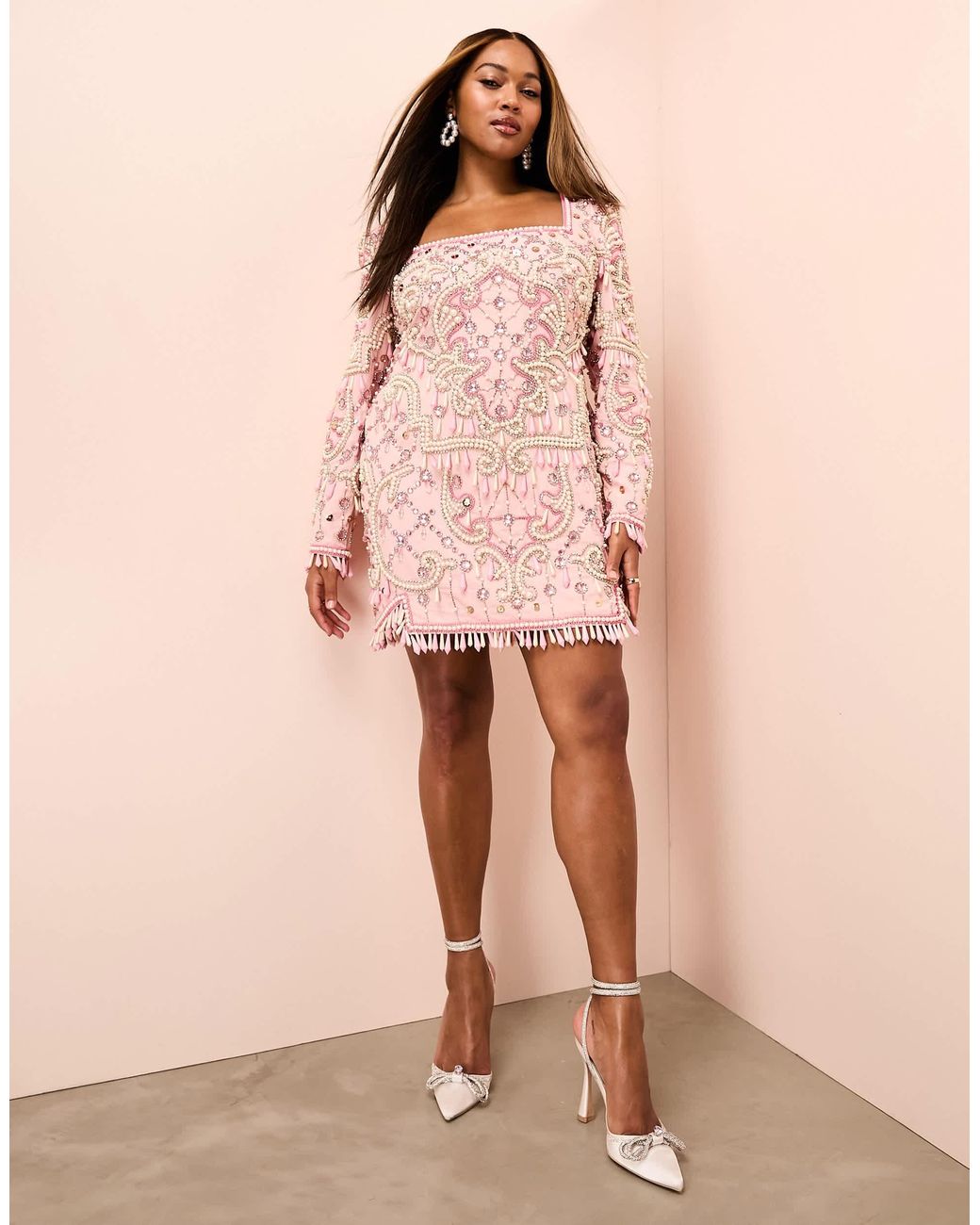ASOS Curve Pearl Embellished Puff Sleeve Long Sleeve Mini Dress in Pink |  Lyst