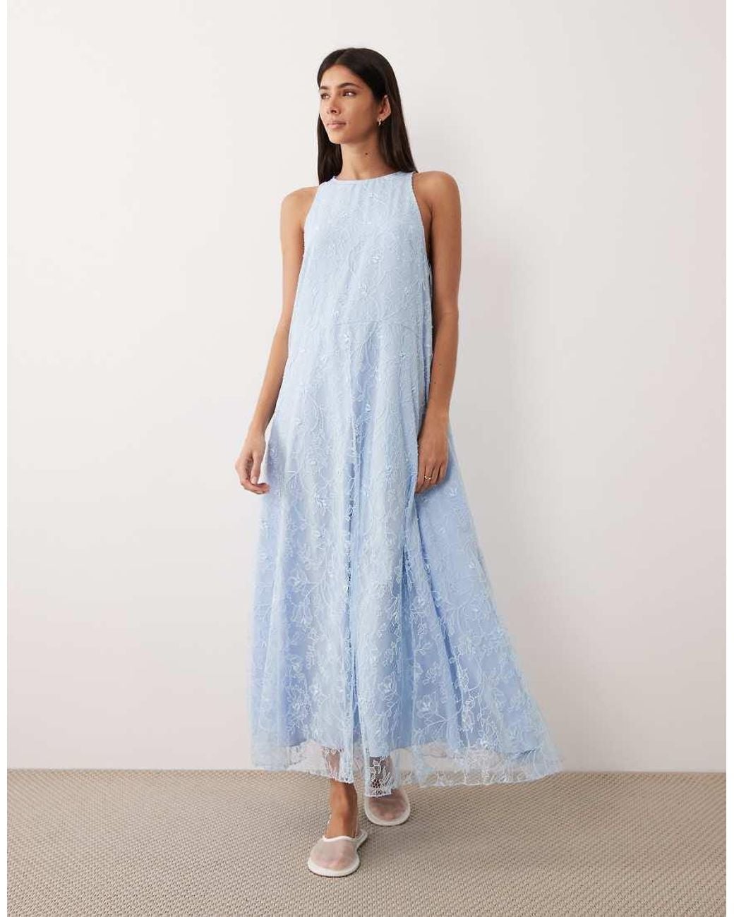 ASOS Blue High Neck Racer Lace Maxi Dress