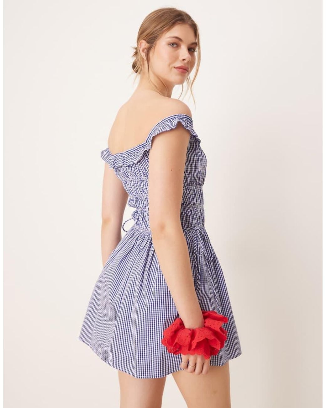 Glamorous Blue Shirred Off Shoulder Mini Dress