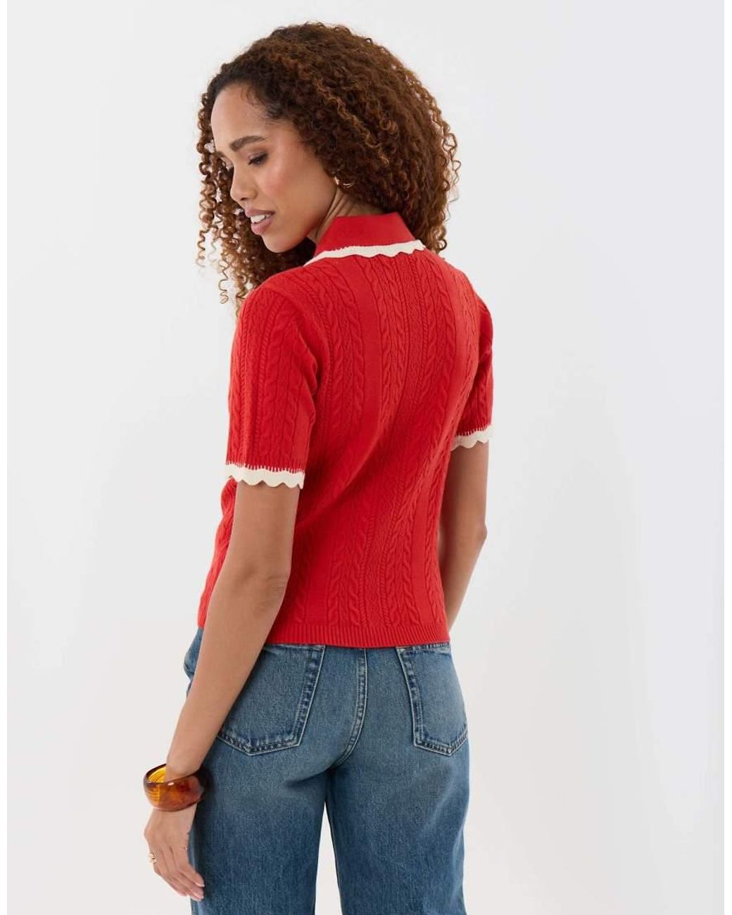 Threadbare Red Cable Knit Scallop Trim Polo