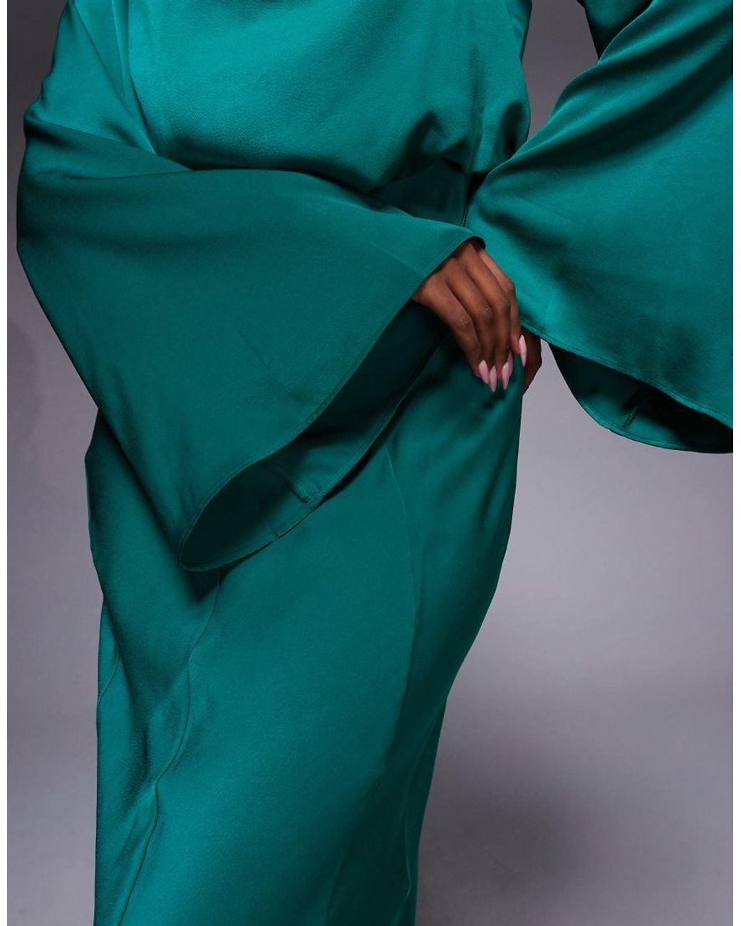 ASOS Green Satin Blouson Bodice Long Sleeve Maxi Dress