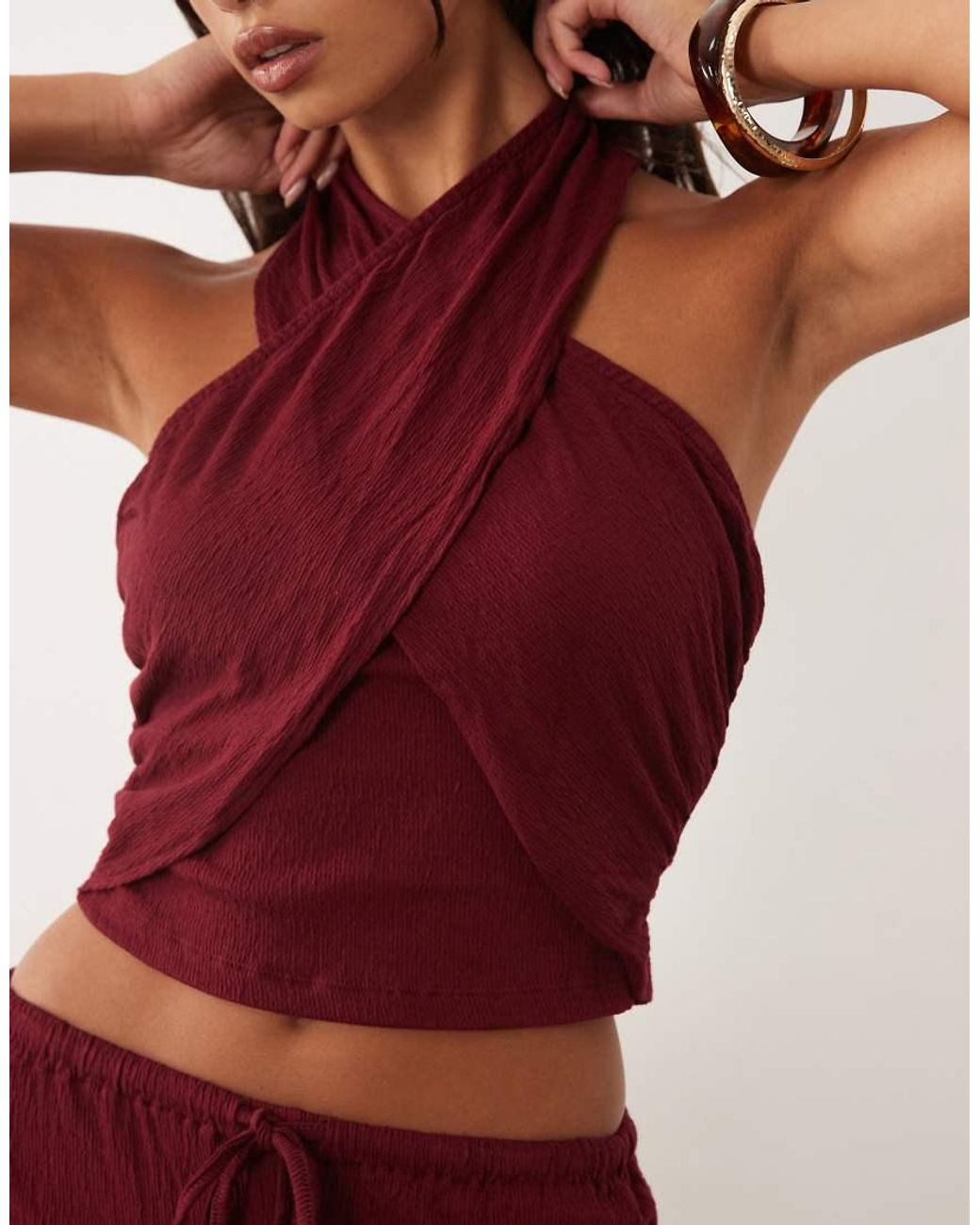 ASOS Red Mix & Match Cotton Crinkle Crossover Halter Neck Top