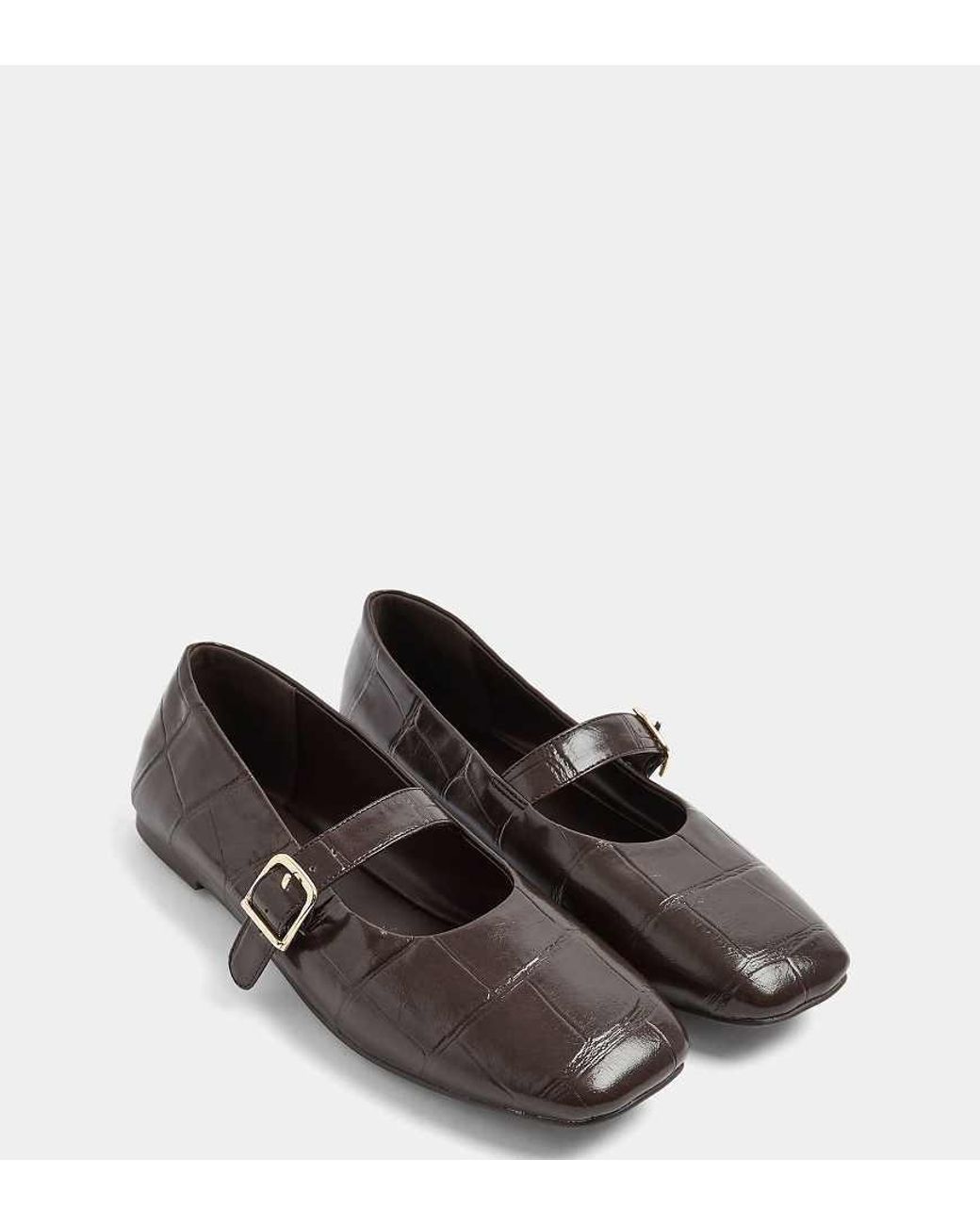 Yours Clothing Brown Wide Fit Patent Mary Jane Flats