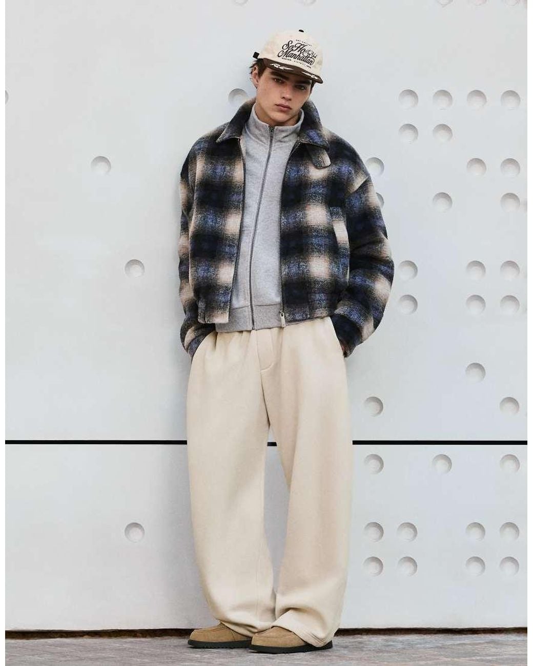 Bershka Blue Checked Felt-effect Funnel Neck Bomber Jacket for men