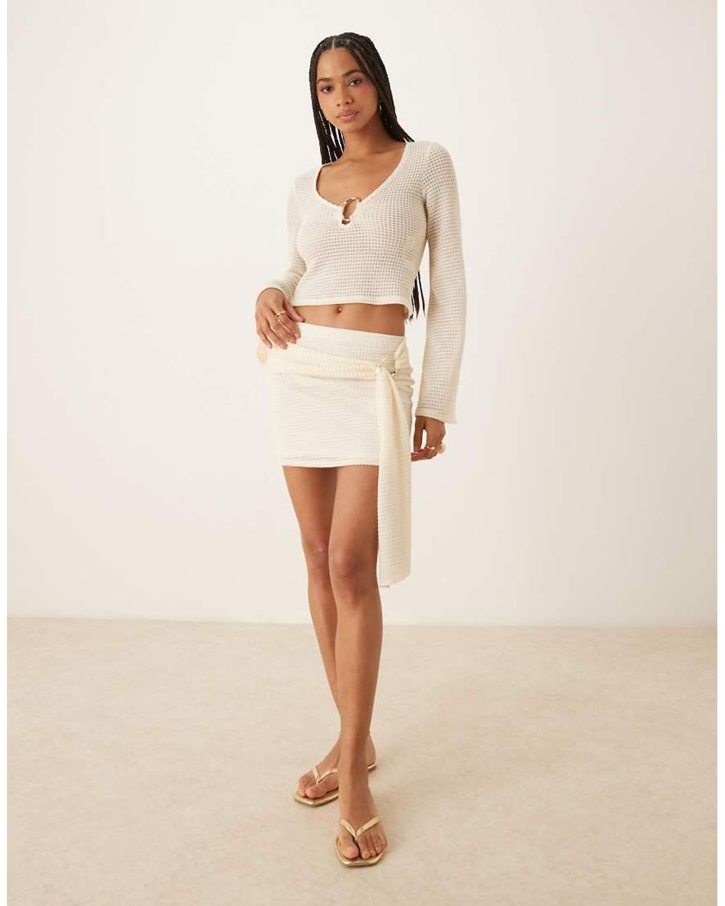 ASOS Natural Textured V-neck Flared Sleeve Top With Gold Trim