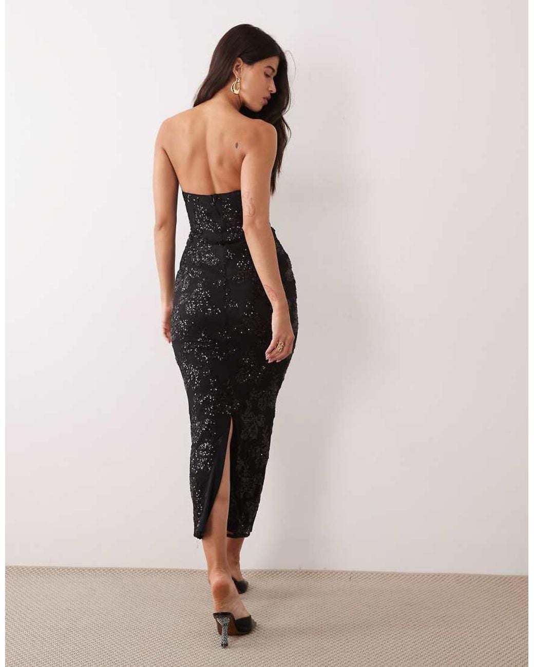 TFNC London Black Floral Sequin Structured Bandeau Maxi Dress