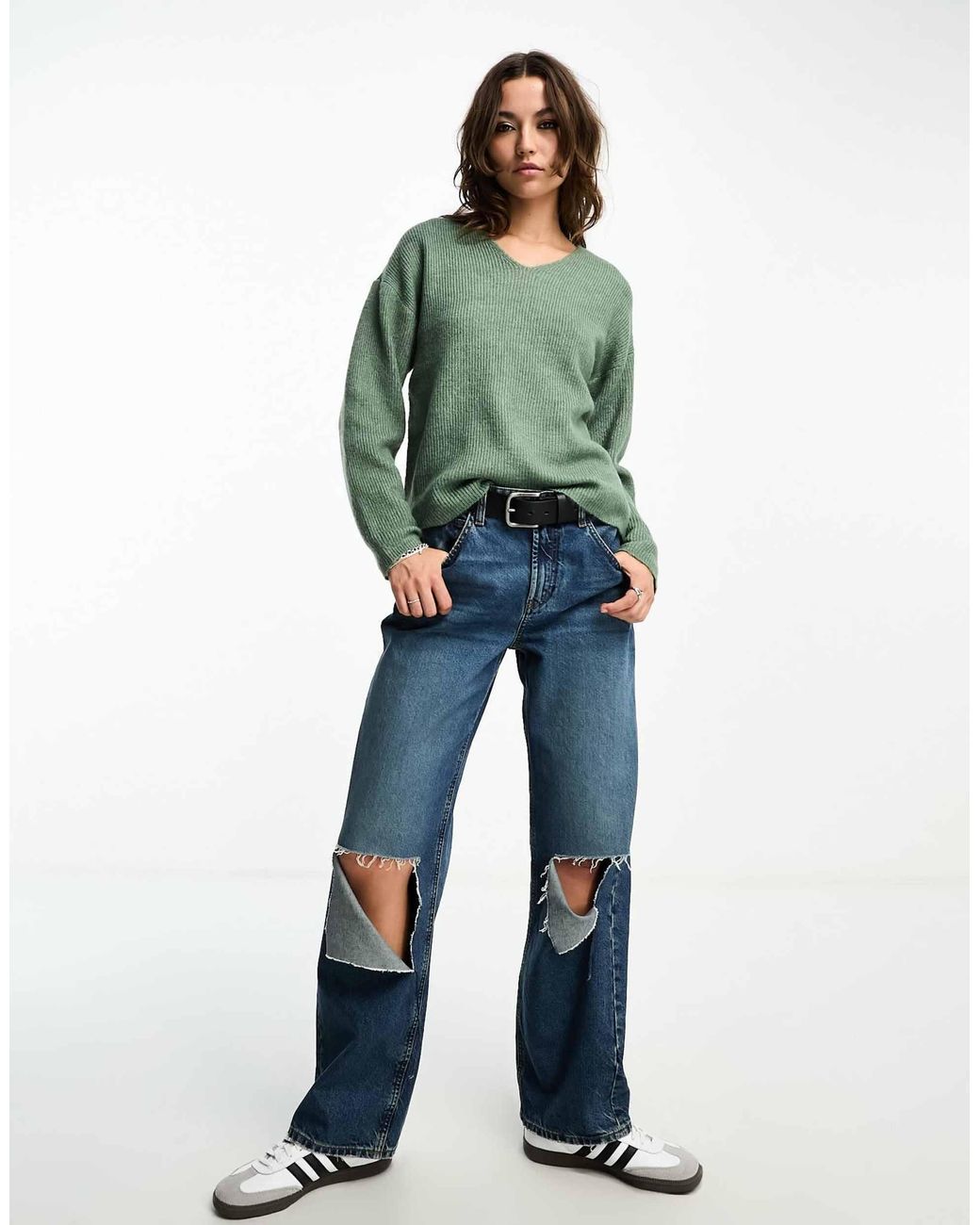 Pull souple à col en v - clair ONLY en coloris Green