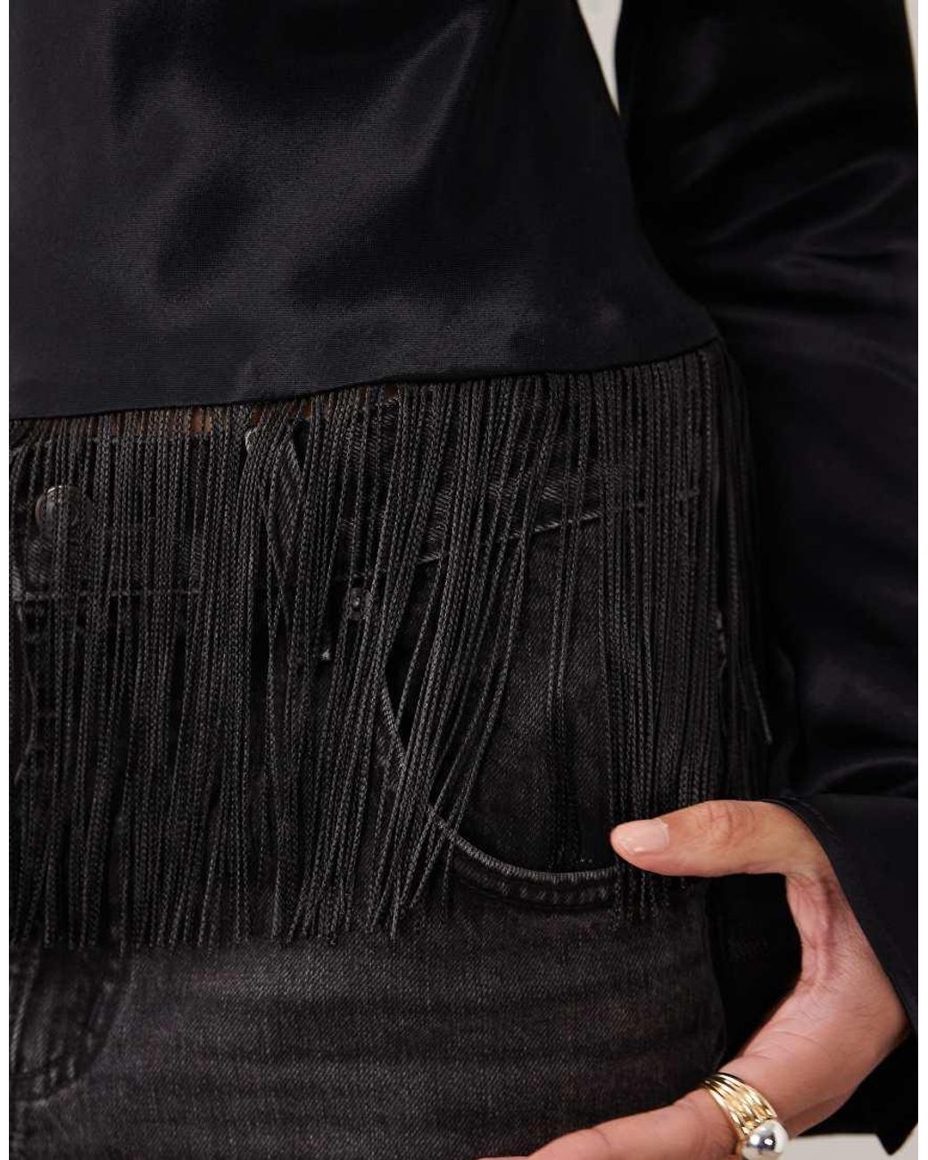 ASOS Black Satin Cowl Neck Fringe Long Sleeve Top
