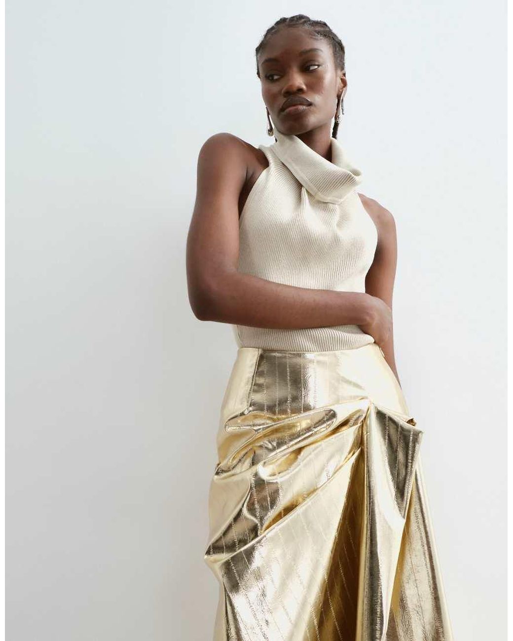 ARRANGE Natural Metallic Hitched Side Midi Skirt