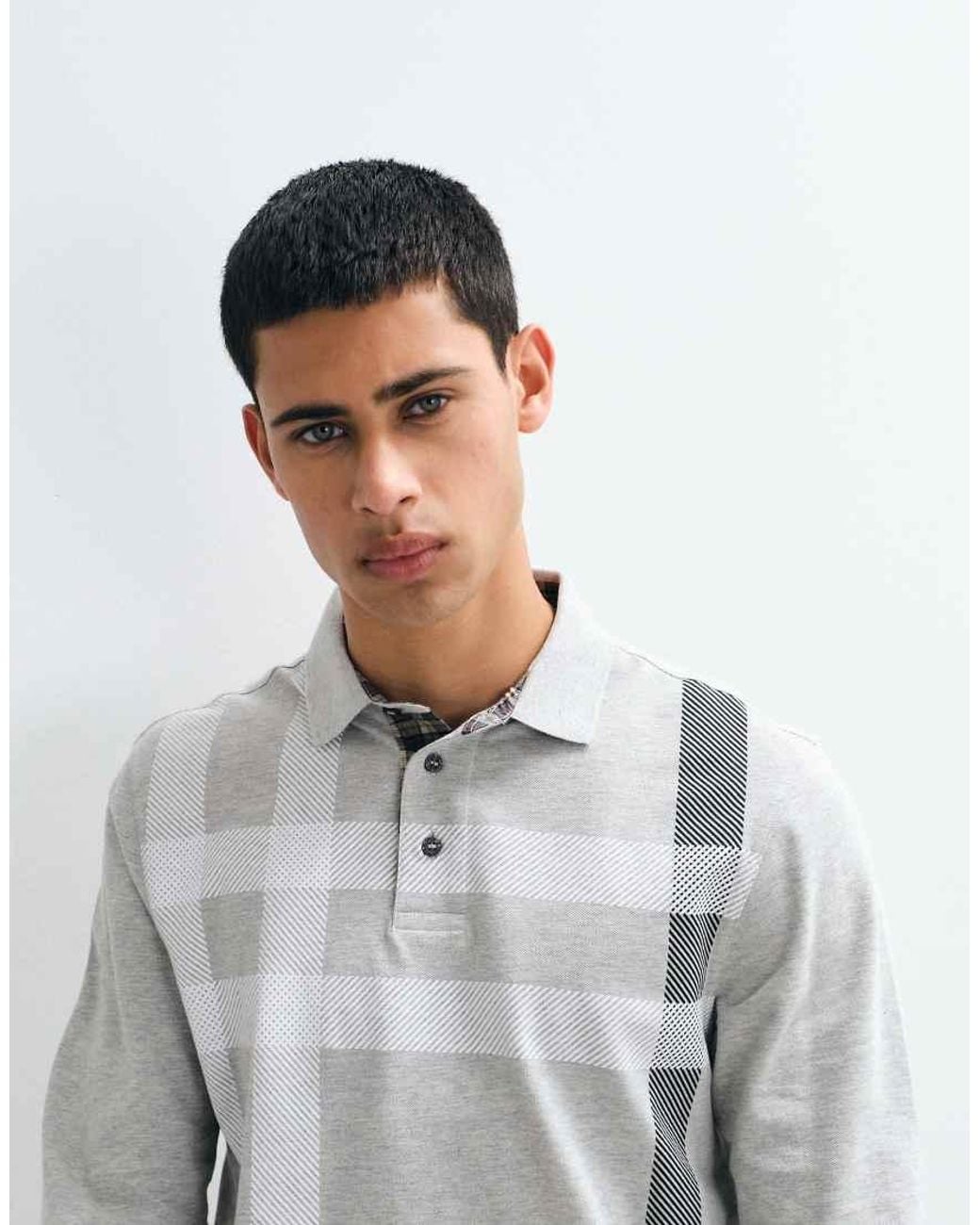 Barbour Gray Blaine Long Sleeve Tartan Check Tailored Polo Shirt for men