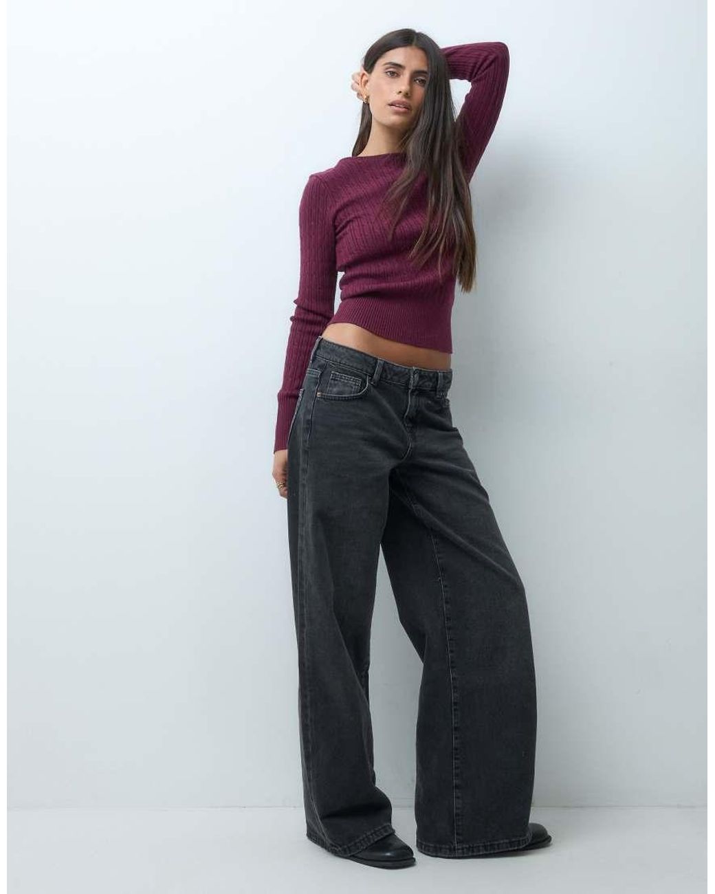 Hollister Purple Fitted Cable Knit Slash Neck Jumper