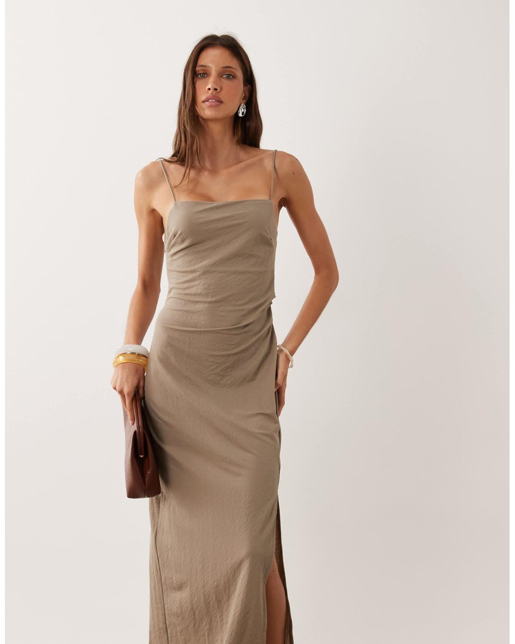 Mango Natural Square Neck Split Hem Midi Dress