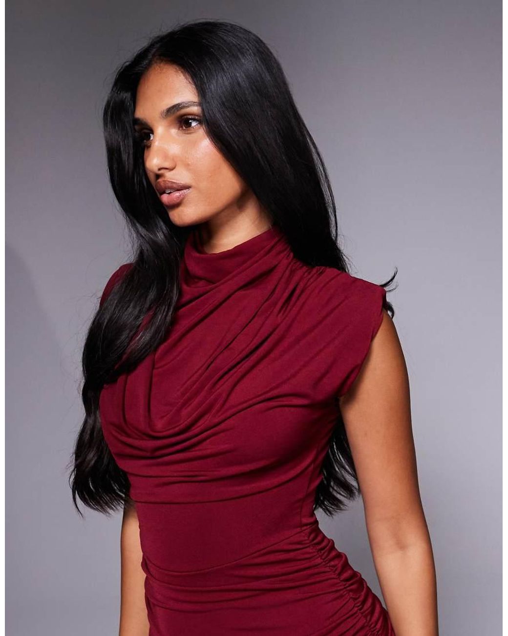 TFNC London Red High Neck Padded Shoulder Midi Dress