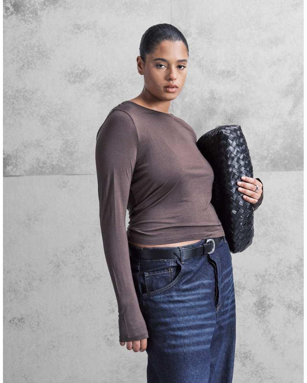 ASOS Gray Asos Design Curve Semi Sheer Long Sleeve Top